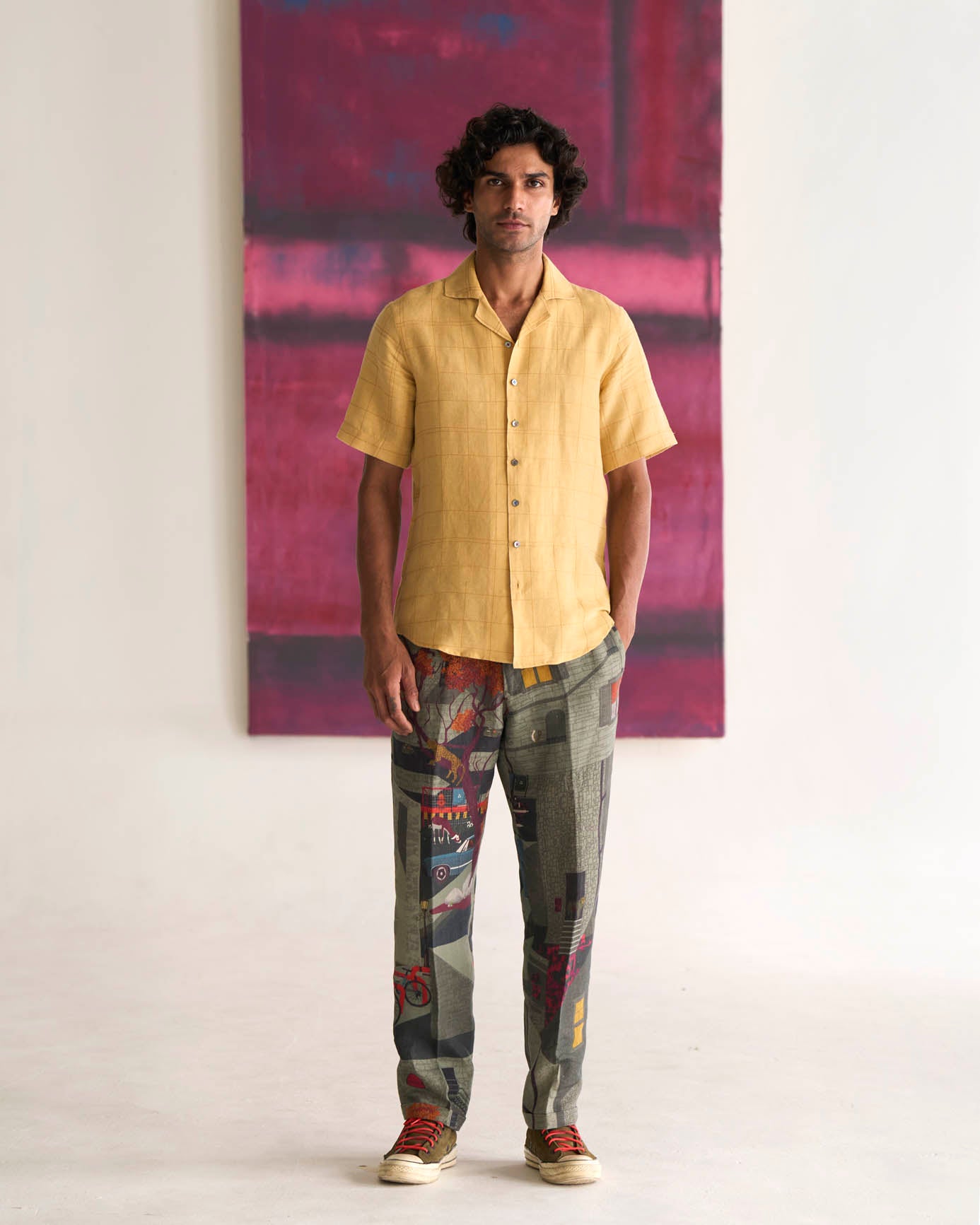 Men's Casual Bush Shirt - 100% Cotton & Linen Blend Checkered Shirt in Yellow | Perfect for Outdoor Adventures, Camping & Summer Travel