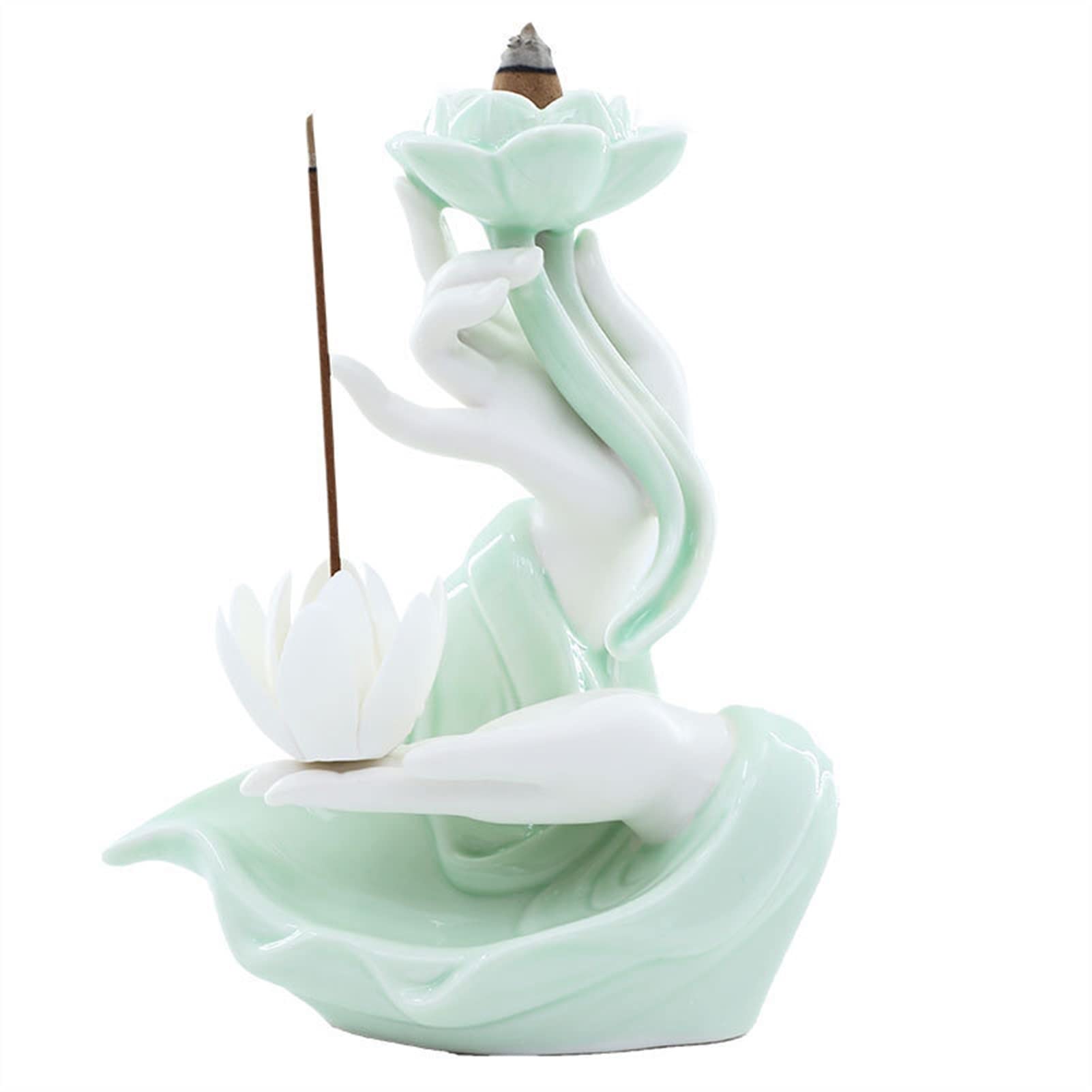 TOMYEUS Bergamot Lotus Backflow Incense Burner - Celadon Ceramic Waterfall Fountain Holder for Home Decor, Meditation & Aromatherapy | Perfect for Yoga, Relaxation & Spiritual Practices (Color: A)