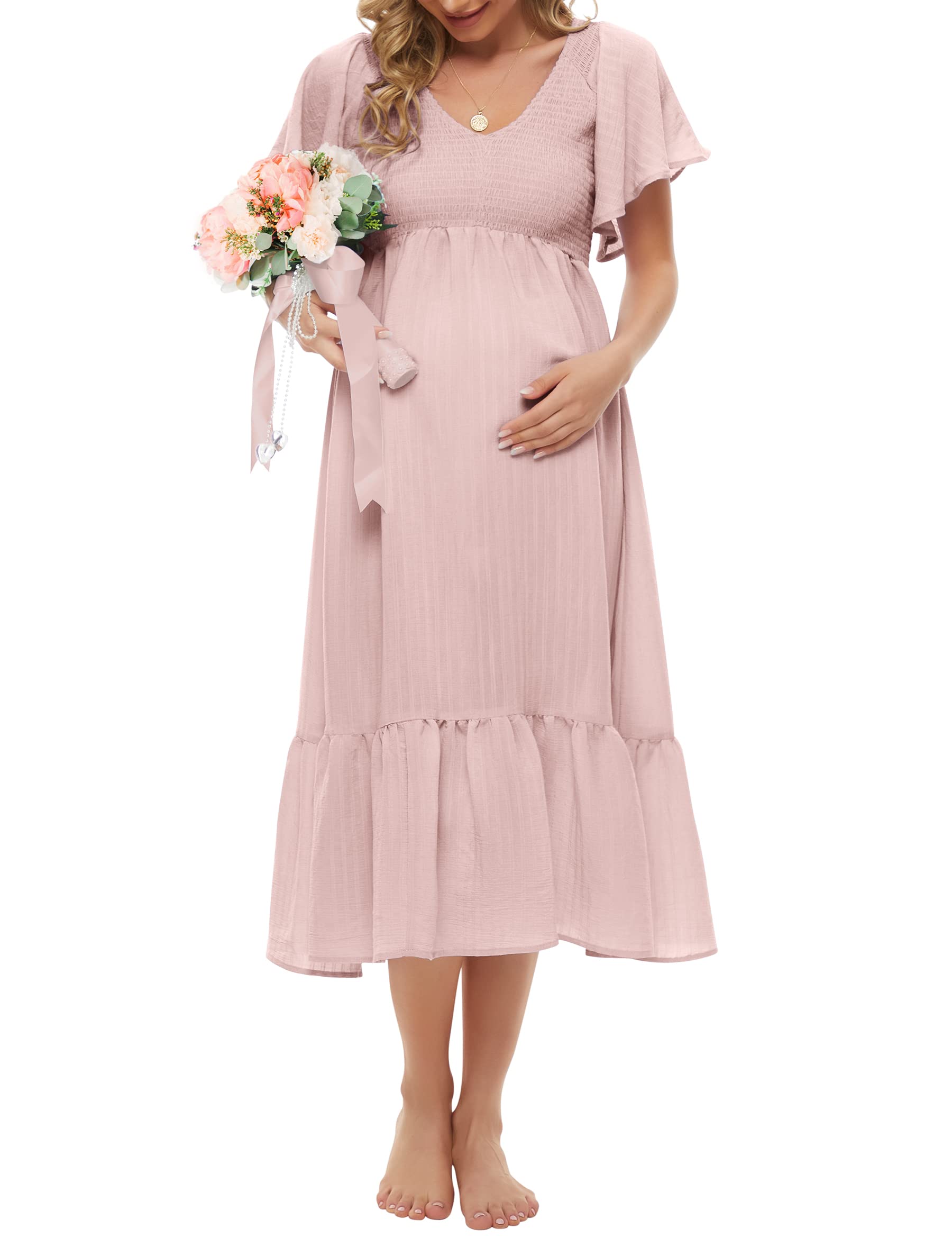 KIM S Boho Flutter Short Sleeve Maternity Dress (S-2XL) - V-Neck Smocked Midi Dress for Baby Shower & Casual Wear | Perfect for Pregnancy Photos, Brunch Dates & Summer Outfits