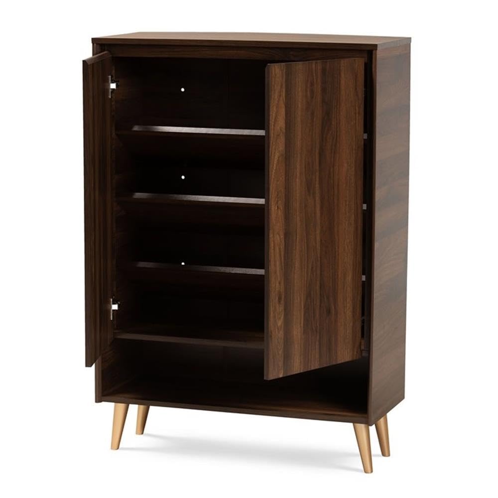 BOWERY HILL Mid-Century Modern 2-Door Shoe Storage Cabinet - Solid Wood Entryway Organizer with Adjustable Shelves, Brown - Perfect for Small Spaces, Hallways & Closet Organization