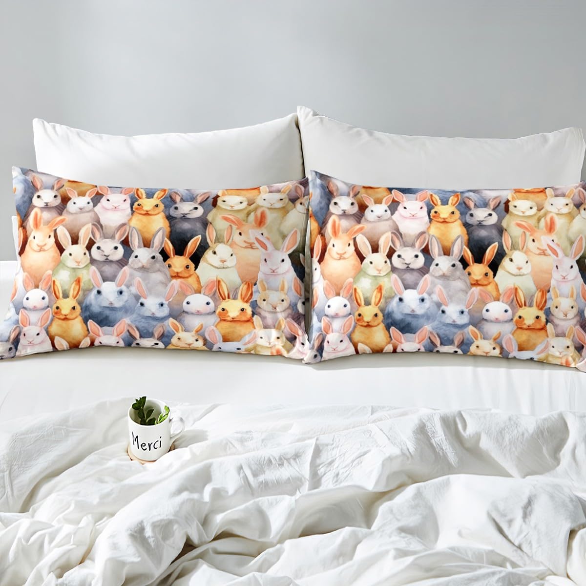 Feelyou Kids Cartoon Rabbit Duvet Cover Set - Cute Bunnies Design Twin Size Bedding for Boys & Girls (2PCS, Yellow & Black) with 1 Pillowcase | Kawaii Animal Comforter Cover for Nursery, Bedroom & Sleepovers