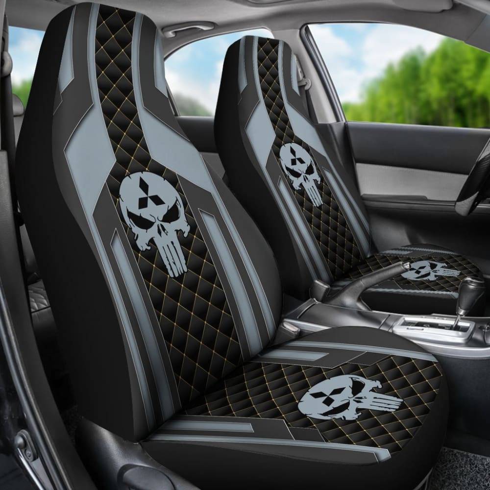 Black & Grey Punisher Skull Mitsubishi Car Seat Covers - Universal Fit for Most Mitsubishi Models | Durable Neoprene Seat Protectors for Cars, SUVs & Trucks | Perfect for Marvel Fans, Car Enthusiasts & Custom Vehicle Styling