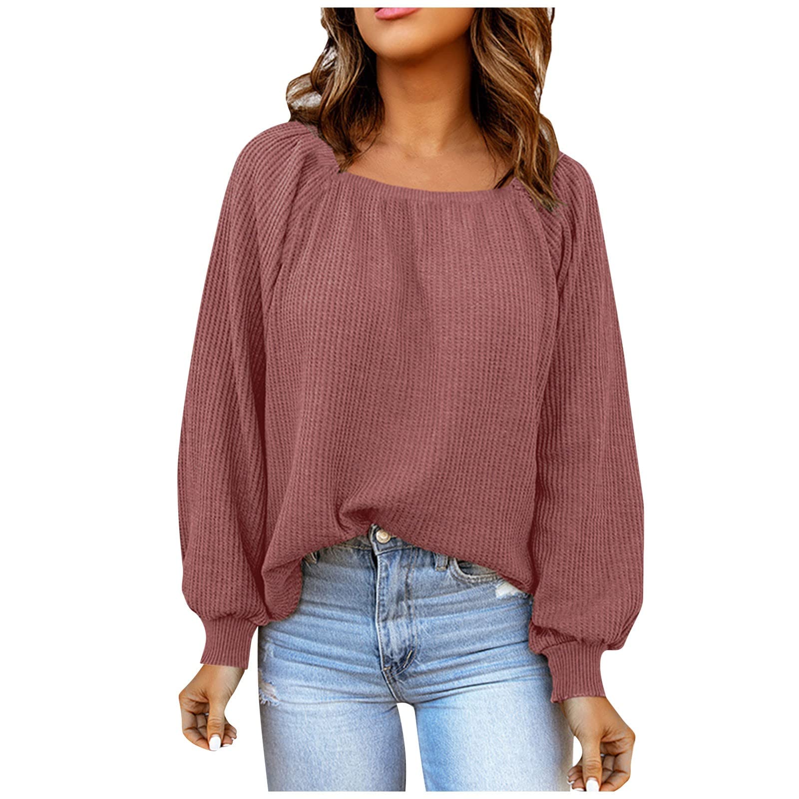 JJHAEVDY Women's Long Lantern Sleeve Blouse - Waffle Knit Flowy Top with Frill Trim, Solid Color Sweater Shirt for Casual Wear & Office Outfits