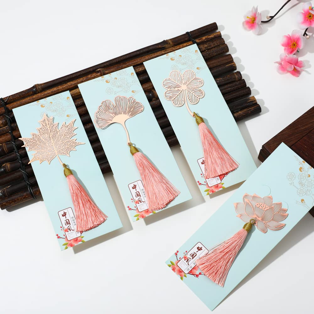 Vintage Metal Hollow Leaf Bookmark Set - 4-Piece Chinese Style Tassel Bookmarks for Reading, Gifts & Collectibles