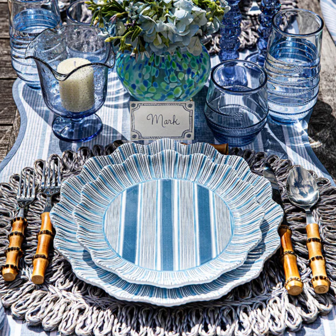 Juliska Cabana Stripe Melamine Salad Plates - Set of 4, Ocean Blue - Durable & Stylish Dishware for Outdoor Dining, Picnics, Beach Parties & Everyday Use