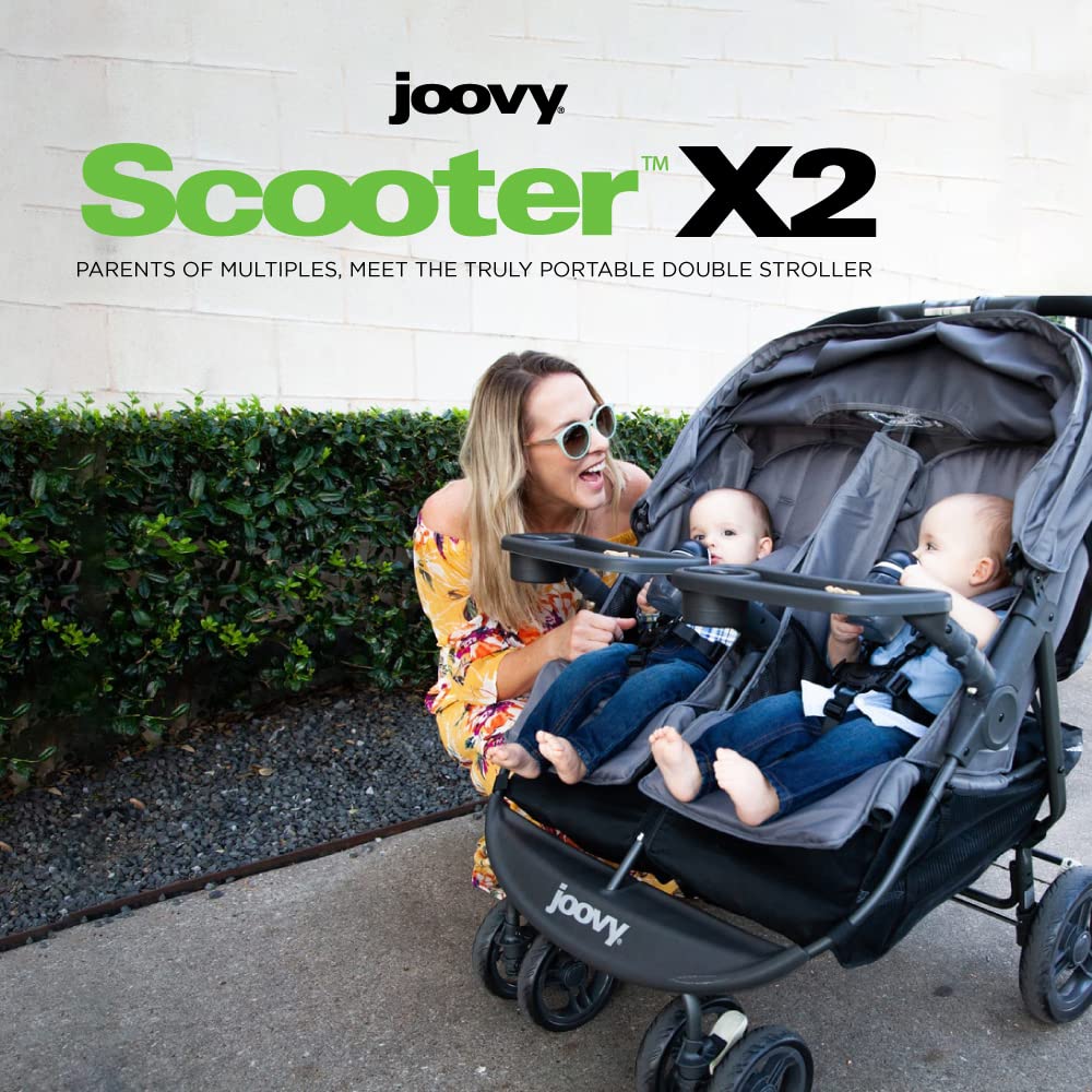 Joovy Scooter X2 Double Stroller - Side by Side Seats, One-Hand Fold, Adjustable Reclining Seats & Leg Rests, Dual Snack Trays, Storage Basket | Perfect for Twins, Siblings & Outdoor Adventures (Charcoal)