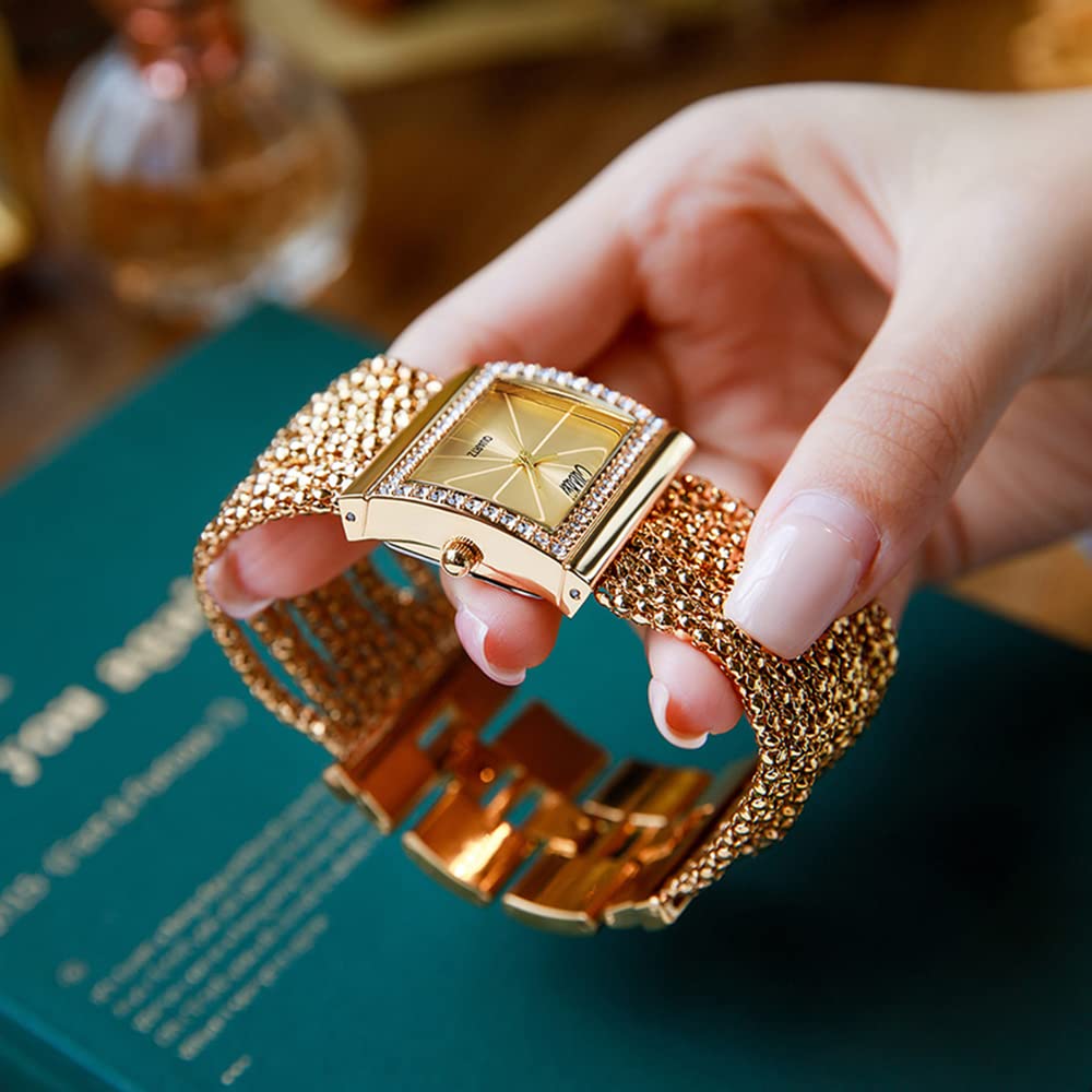 Gosasa Elegant Women's Watches - Fashion Tassel Bracelet Watch with Golden Diamond Accents, Square Face Quartz Watch for Women, Stainless Steel Wide Chain Band | Perfect for Office, Party & Everyday Wear
