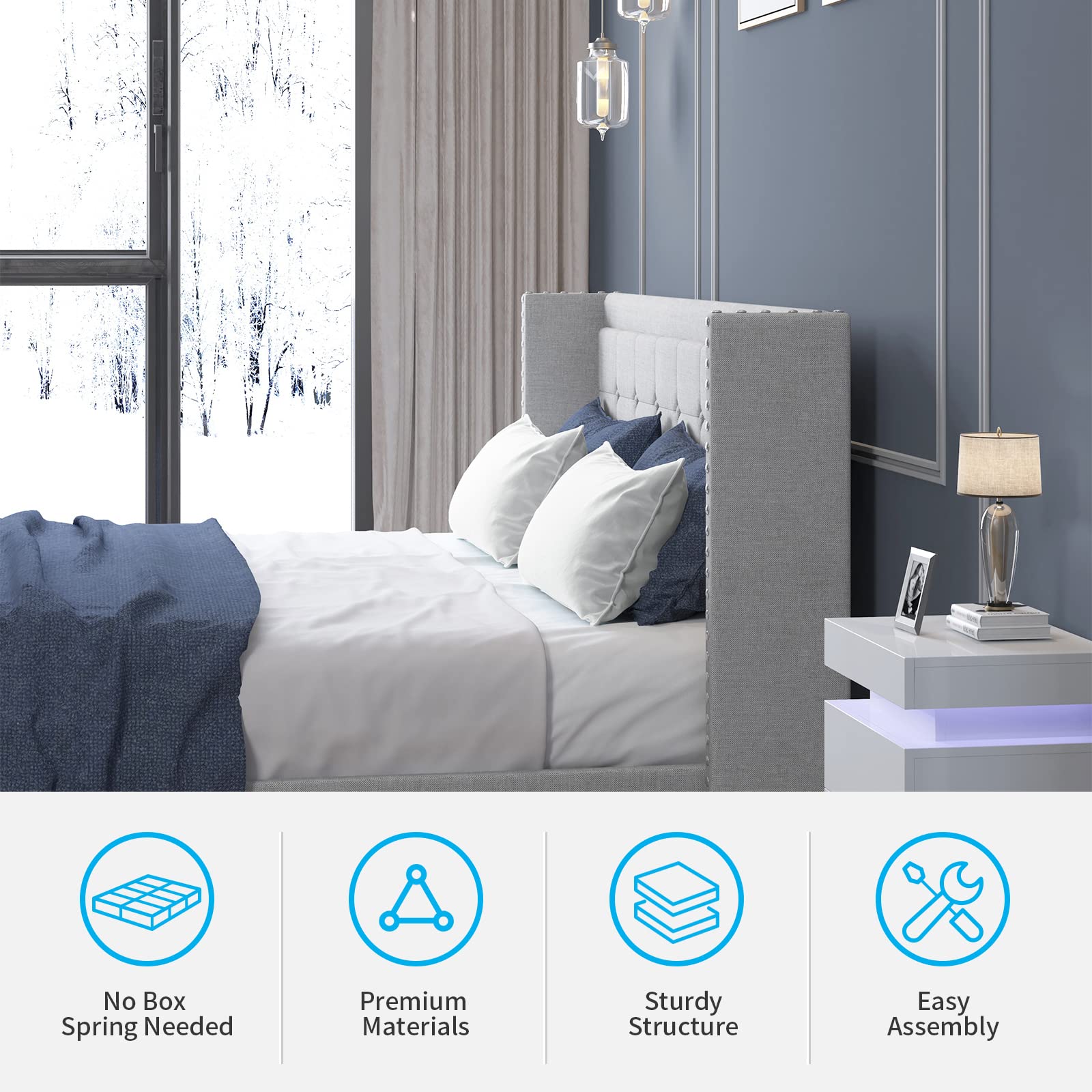 MJkone King Size Platform Bed Frame with Wingback Headboard - Modern Upholstered Bed with Tufted Buttons, No Box Spring Needed, Easy Assembly (King, Light Grey) - Perfect for Master Bedroom, Guest Room & Modern Home Decor