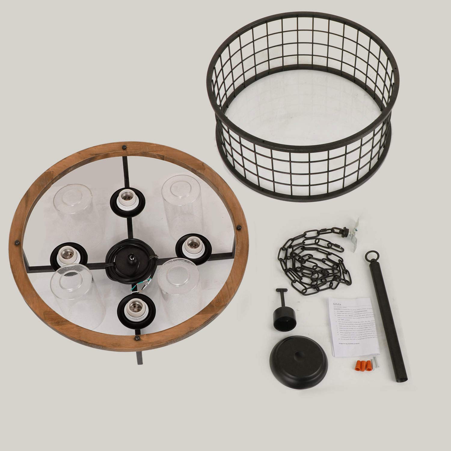 Giluta 4-Light Round Chandelier with Seeded Glass Shades - Oak Wood Industrial Drum Pendant Light for Kitchen Island & Farmhouse Dining Room - Perfect for Rustic Home Decor and Cozy Dining Ambiance