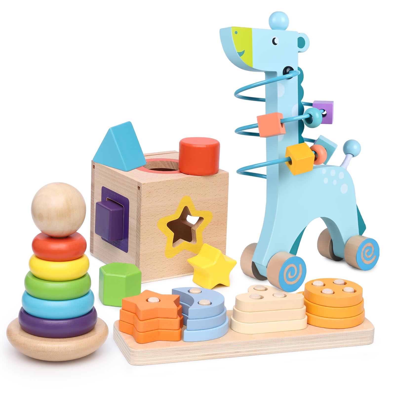4-in-1 Wooden Montessori Toys for Toddlers 1-3 Years Old - Educational Sensory Learning Toys for Baby Boys & Girls - Developmental Toys for Fine Motor Skills - Perfect Christmas & Birthday Gift for 1+ Year Olds (Great for Early Childhood Education & Playtime Activities)