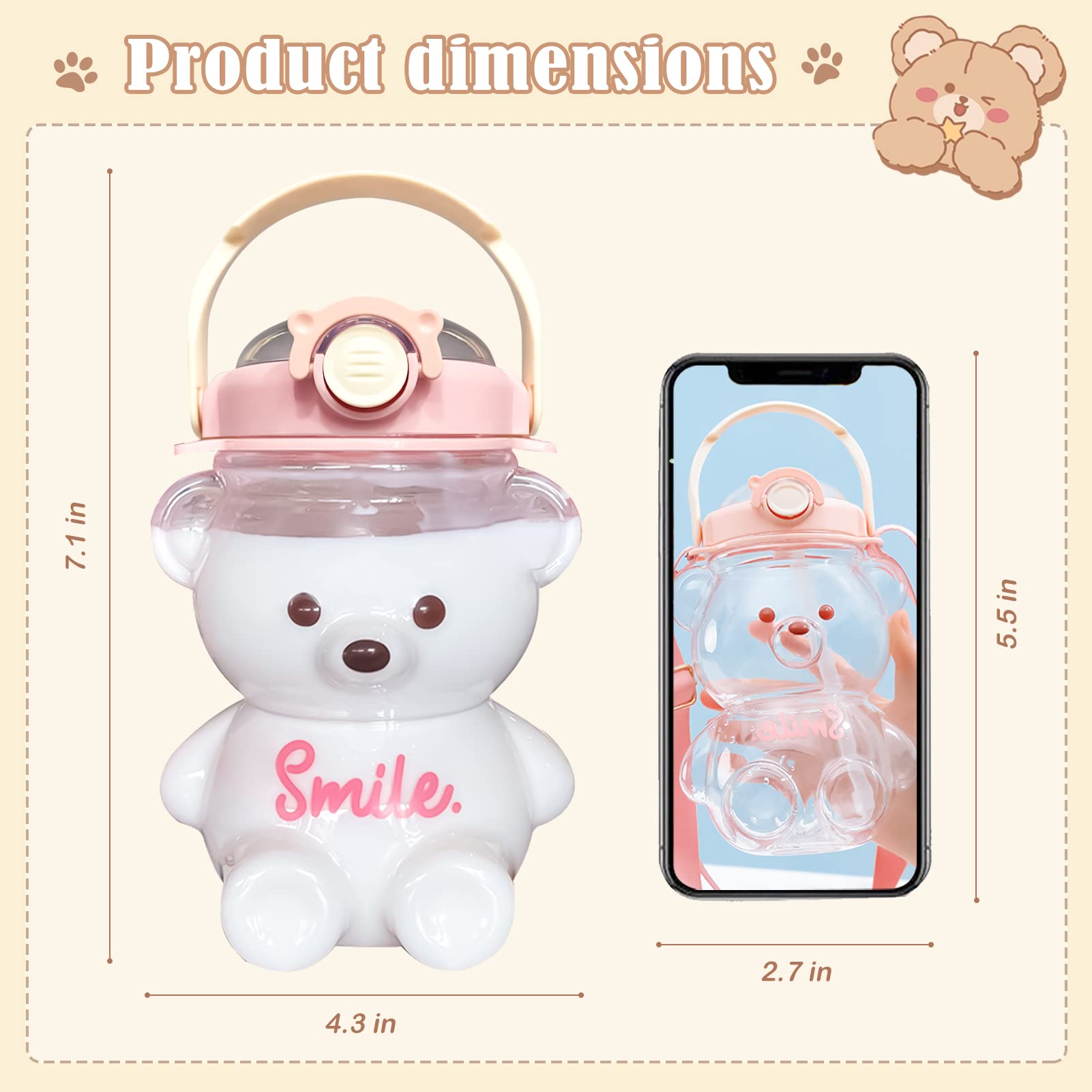 **Kawaii Bear Water Bottle with Straw & Strap - Cute BPA-Free Leakproof Drinking Cup for Kids, Girls & Women - Ideal for Sports, Camping, Picnic, Hiking & Travel (Pink)**