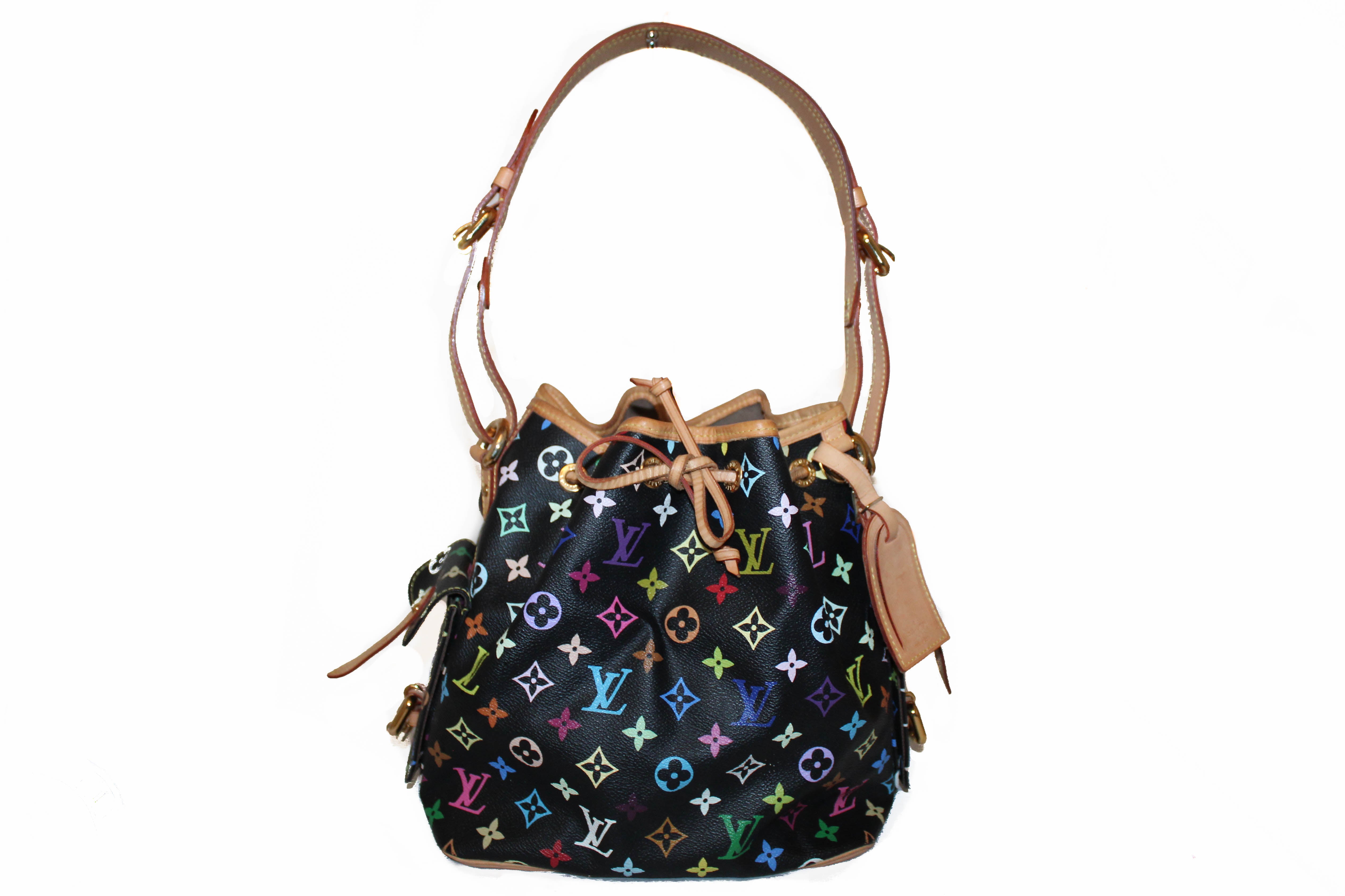 Authentic Louis Vuitton Black Multicolor Canvas Noe Drawstring Shoulder Bag for Women - Luxury Designer Handbag Perfect for Travel, Shopping & Everyday Use