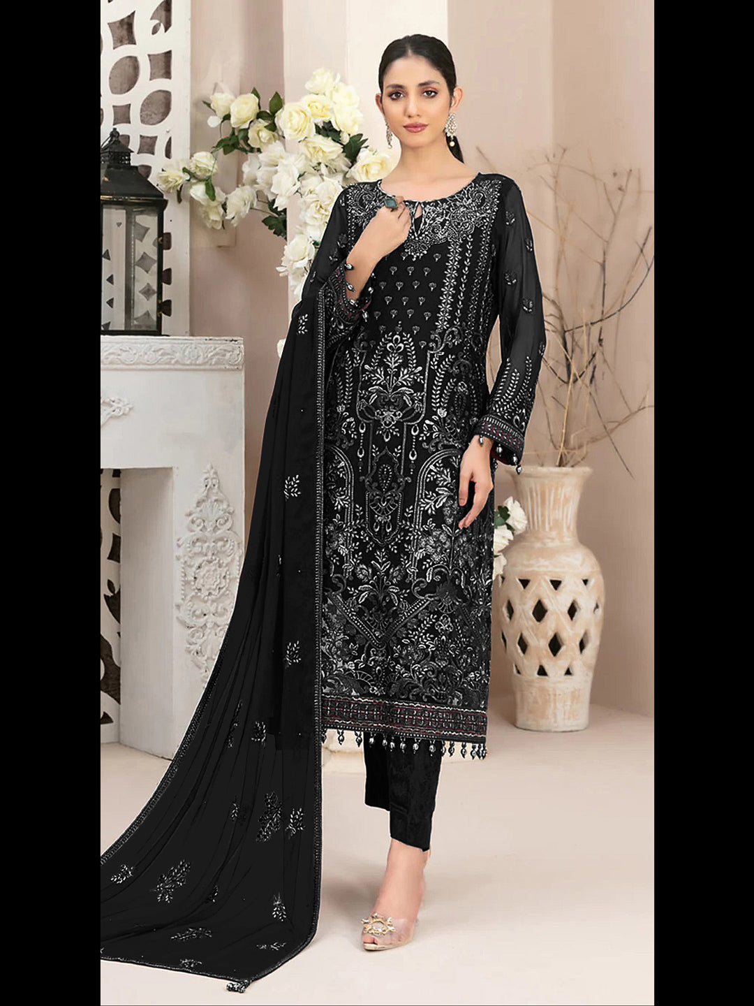 Elegant Black Designer Semi-Stitched Pant Suit with Exquisite Embroidery - Perfect for Weddings, Parties & Formal Events