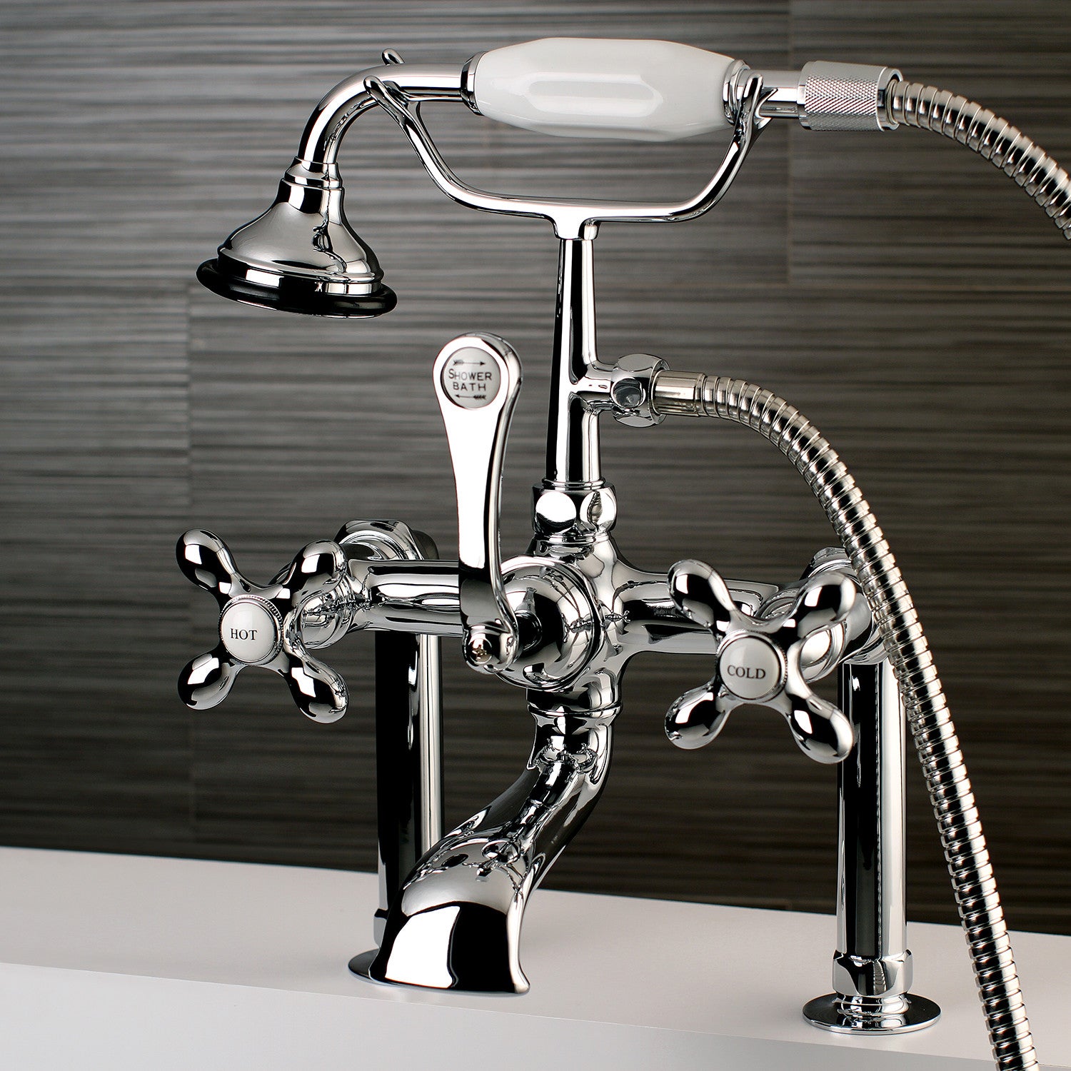 Vintage AE110T1 3-Handle 2-Hole Deck Mount Clawfoot Bathtub Faucet with Hand Shower in Polished Chrome - Perfect for Classic Bathroom Renovations and Luxury Spa Retreats