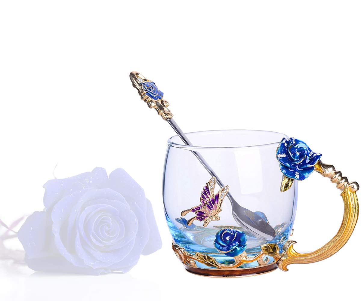 Handmade Butterfly Rose Tea Cup & Coffee Mug - 12 oz Glass Tea Cup Set for Wedding, Anniversary, Birthday Gifts - Perfect for Tea Lovers, Coffee Drinkers & Home Decor
