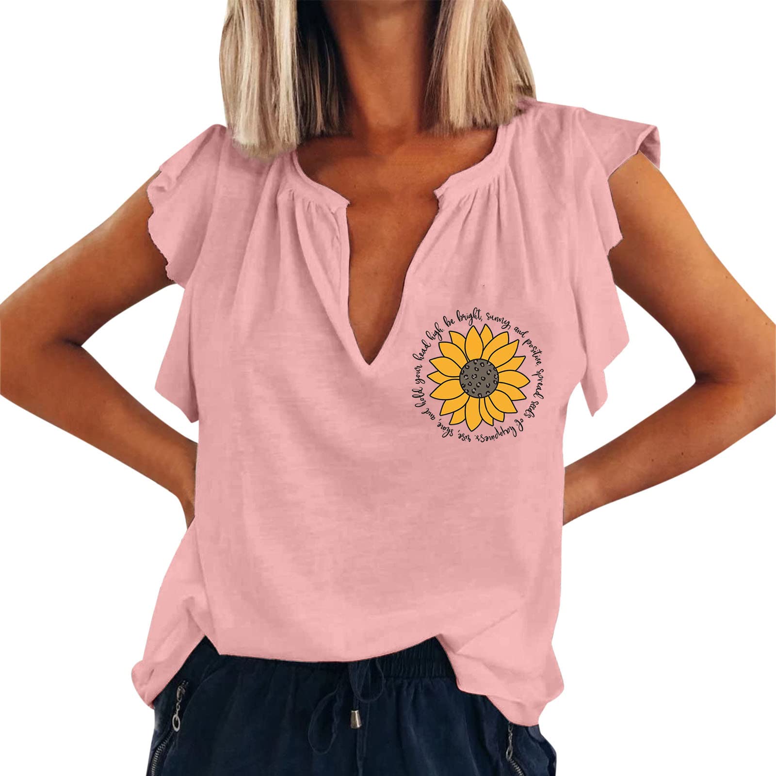 Women's Shelf Bra Tank Top - V Neck Ruffle Sleeve Summer Casual Blouse - Sexy Loose Tee Shirt for Beach, Yoga & Everyday Wear