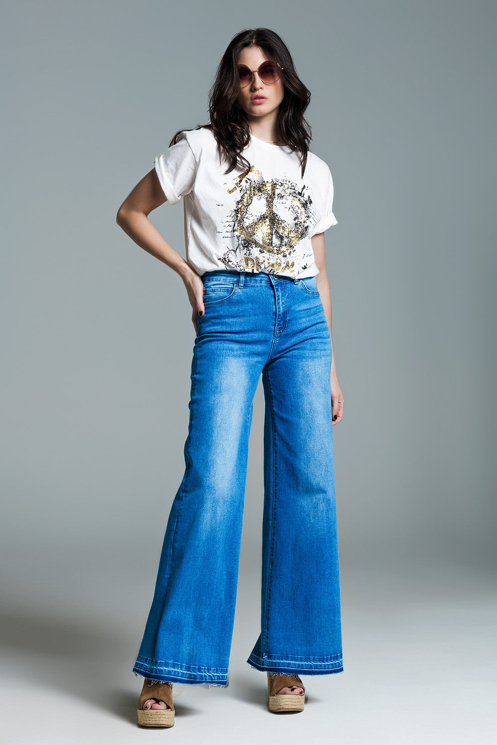 Medium Wash Jeans Style Palazzo Pants with Double Stitched Hem - Perfect for Casual Outfits & Boho Chic Looks