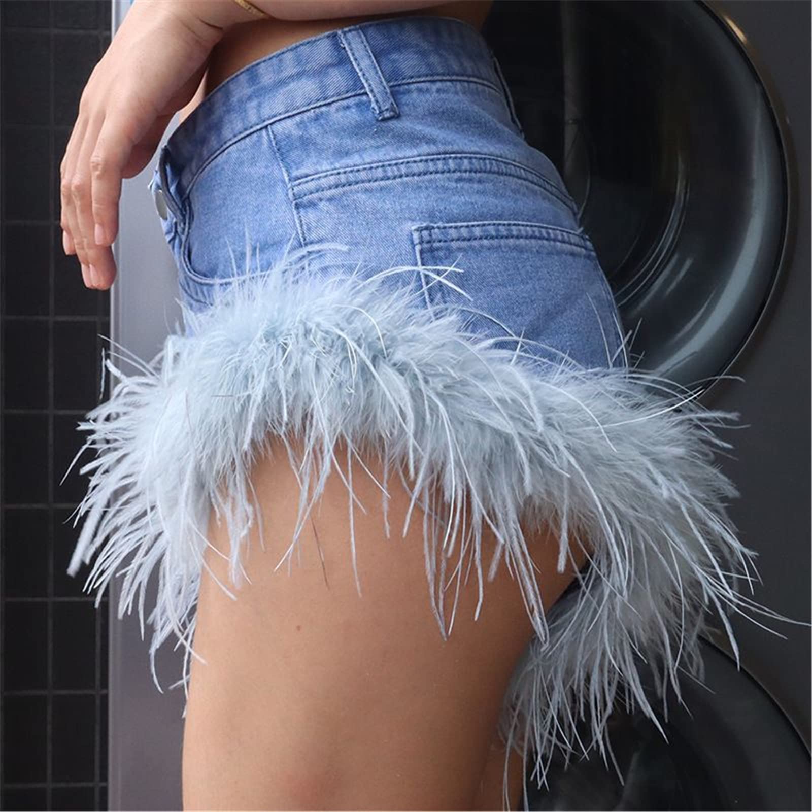 Sexy Denim Shorts for Women with Real Ostrich Feather Trim - Fluffy Furry High Waist Tight Fit Short Pants (XXL, Blue) | Perfect for Summer Parties, Beach Vacations & Night Out Fashion