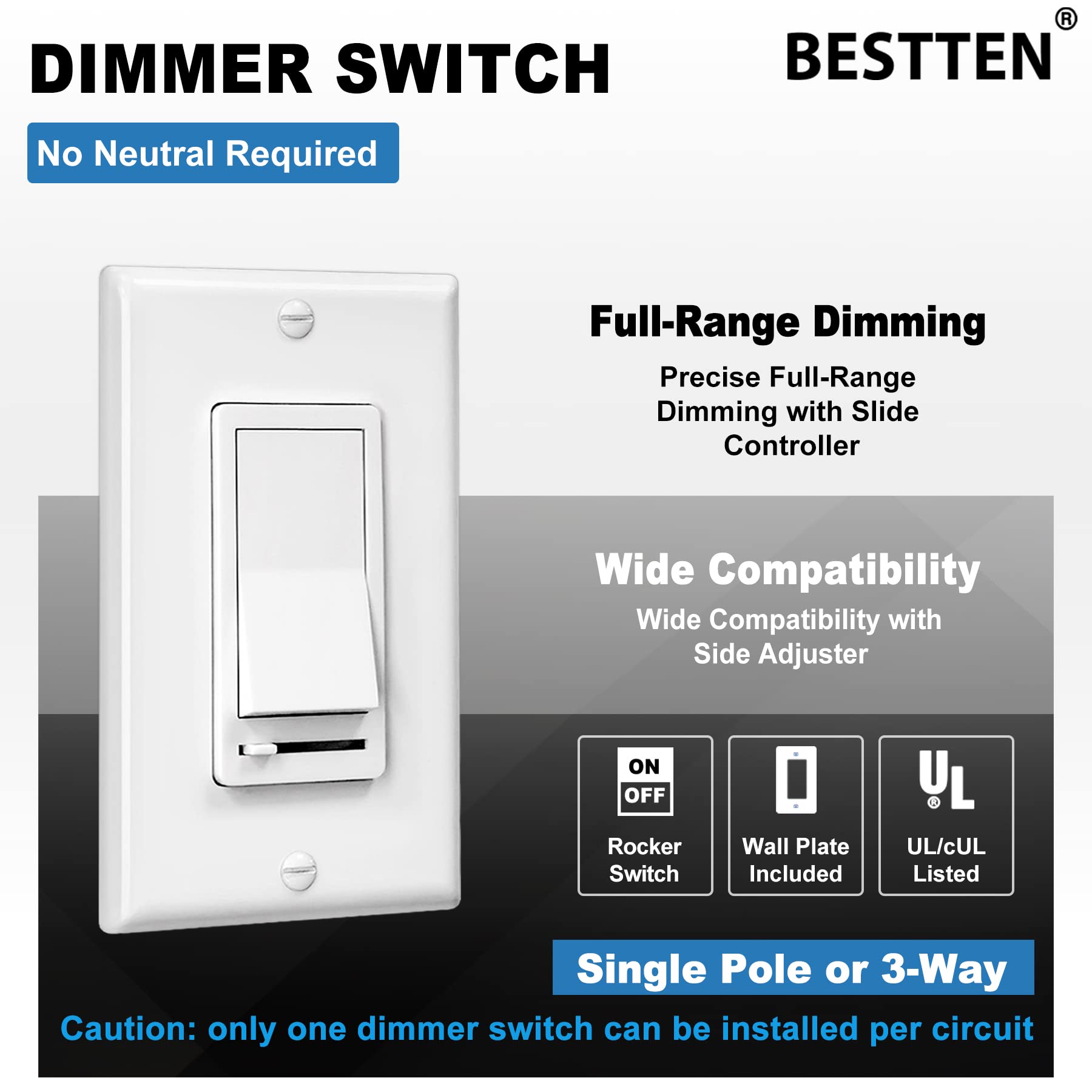 BESTTEN 10 Pack Dimmer Light Switch & 15 Amp 4.8A USB Outlet Combo - UL Listed White Wall Plate for Smartphones, Tablets & USB Devices - Perfect for Home, Office & Bedroom Lighting Control & Charging Stations