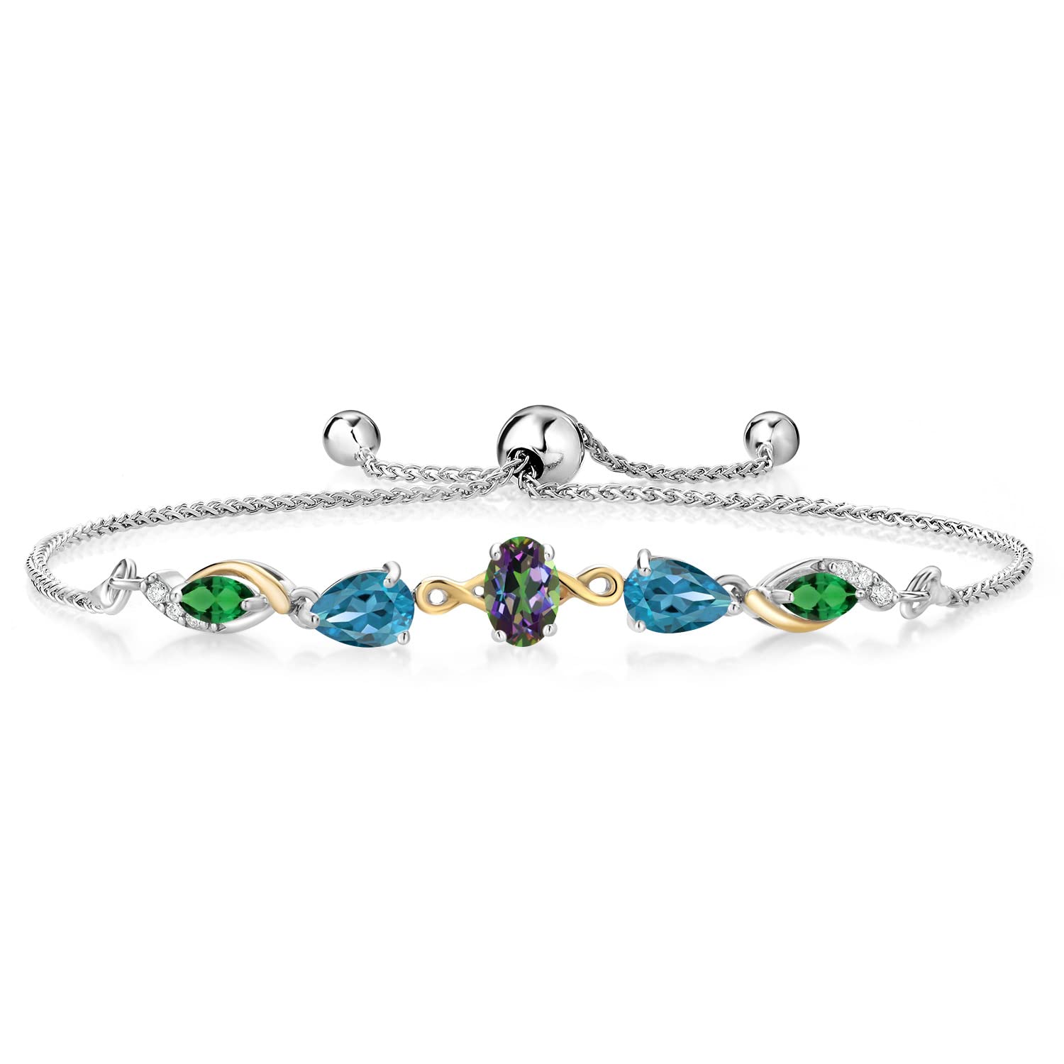 1.84 Ct Green Mystic Topaz & London Blue Topaz Bracelet - 925 Silver & 10K Yellow Gold with Lab Grown Diamonds | Elegant Jewelry for Women, Perfect for Parties, Weddings & Special Occasions
