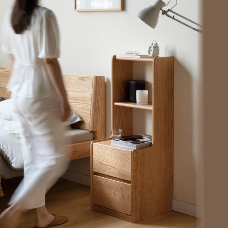 Solid Oak Wood Multifunctional Nightstand with High Section - Perfect for Bedroom, Living Room, and Home Office Storage