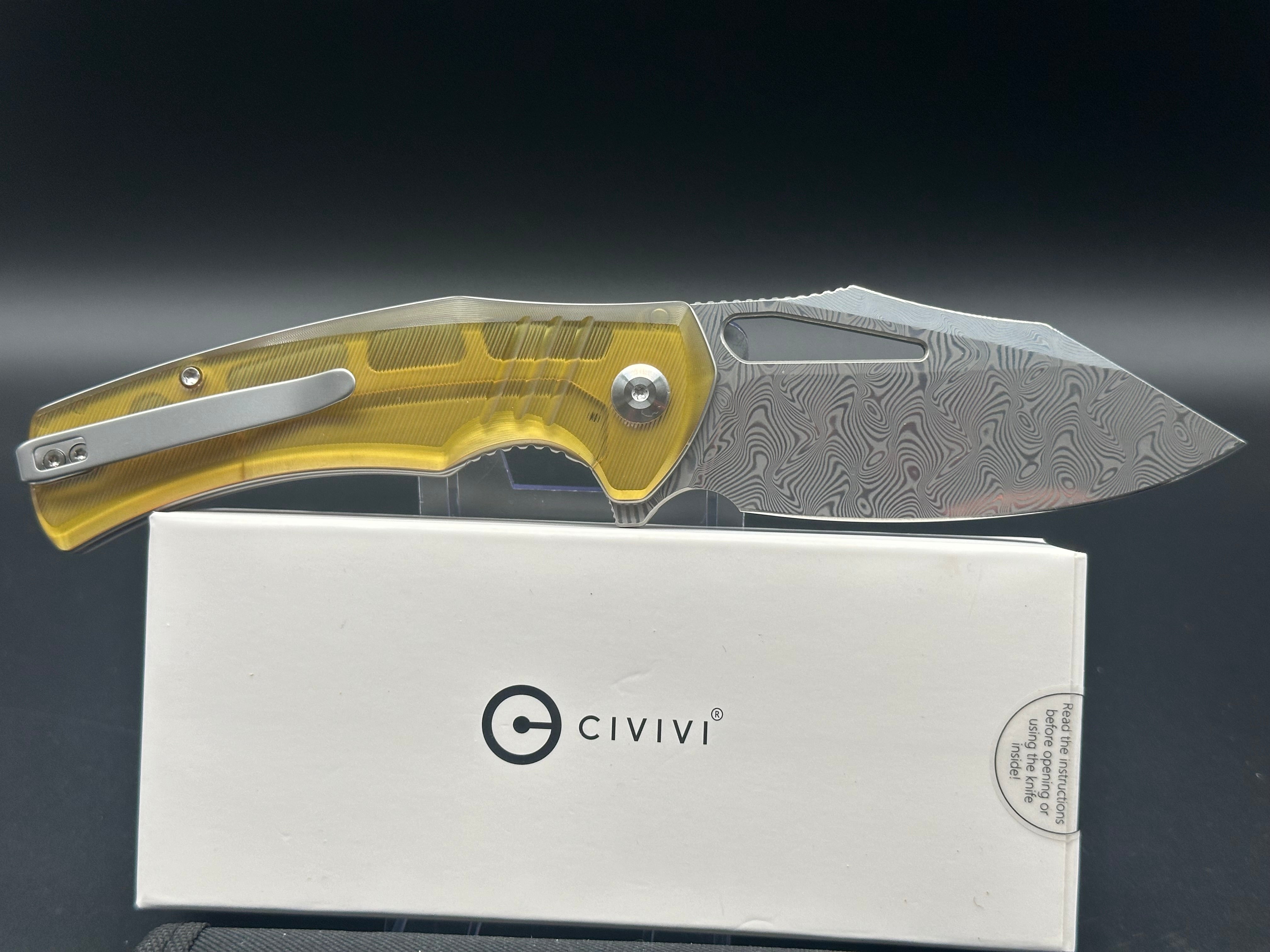 CIVIVI Bulltusk Folding Knife - Polished Ultem Handle, Damascus Steel Blade, Clip Point Design - Perfect for EDC, Outdoor Adventures, and Collectors