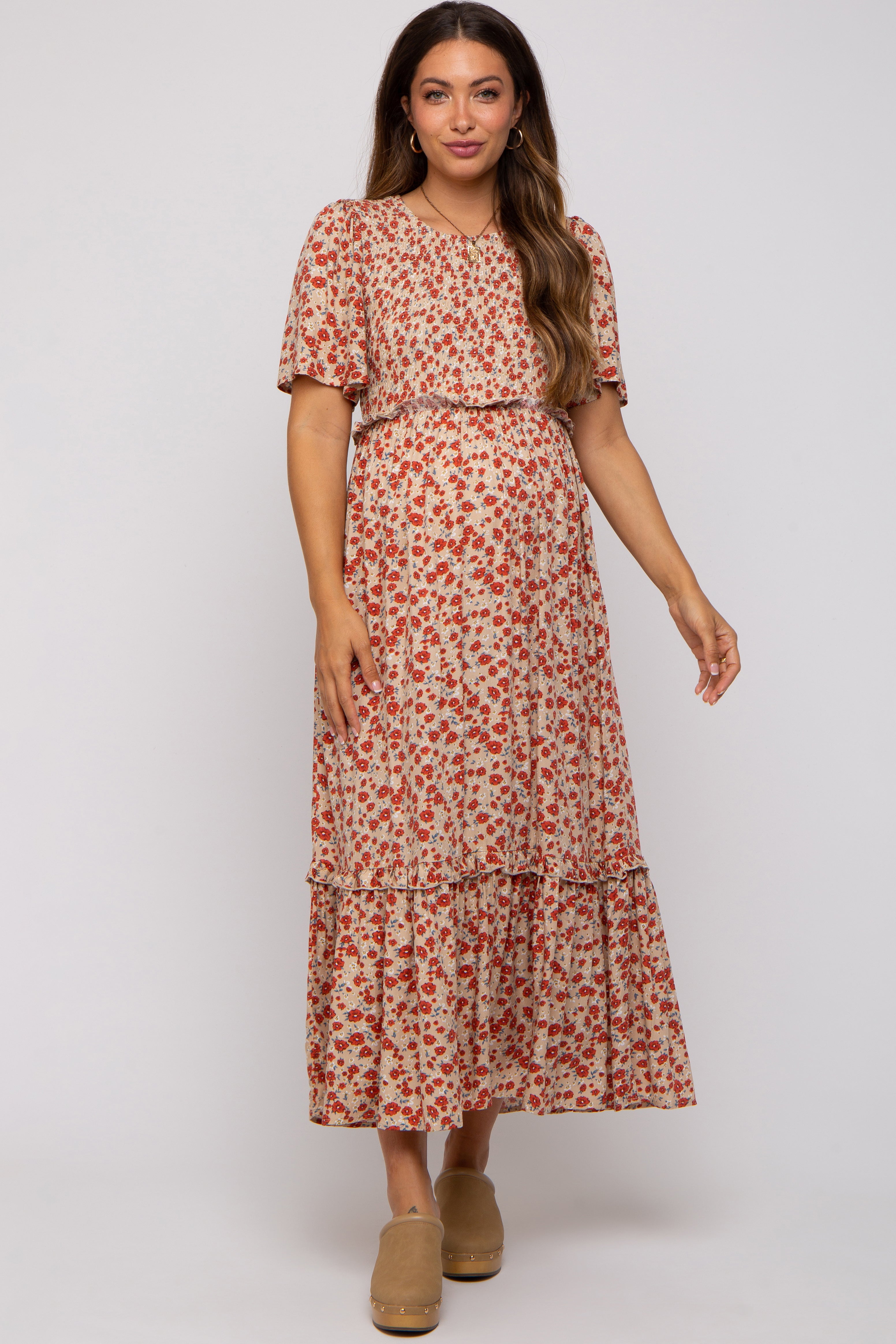 Beige Floral Smocked Maternity Dress with Flutter Short Sleeves - Perfect for Baby Showers, Maternity Photos & Summer Pregnancy Outfits
