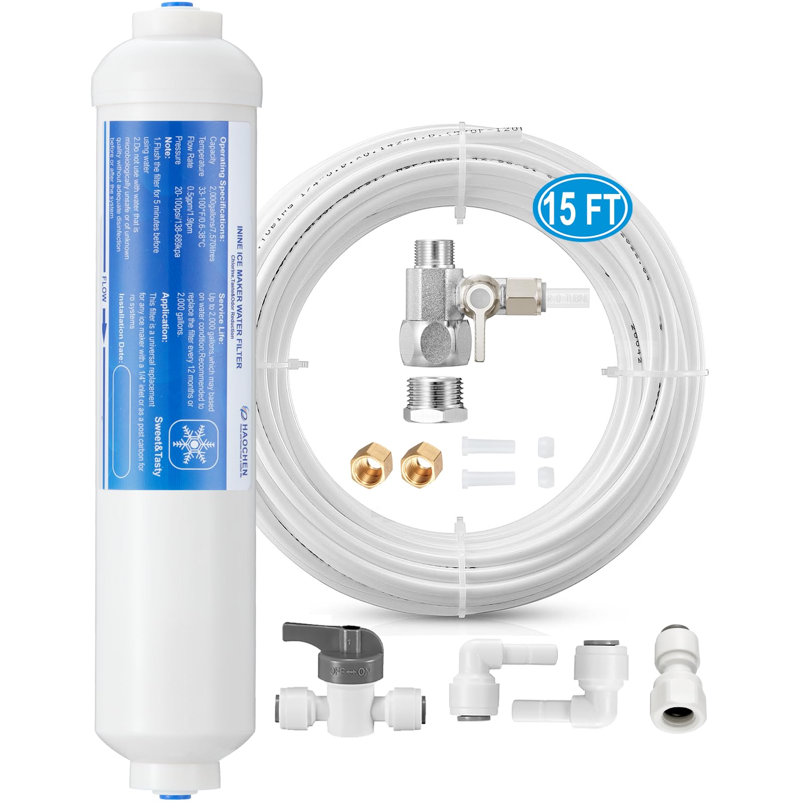 Premium Inline Water Filter Kit for Ice Maker & Refrigerator - Includes Feed Water Valve, 1/4