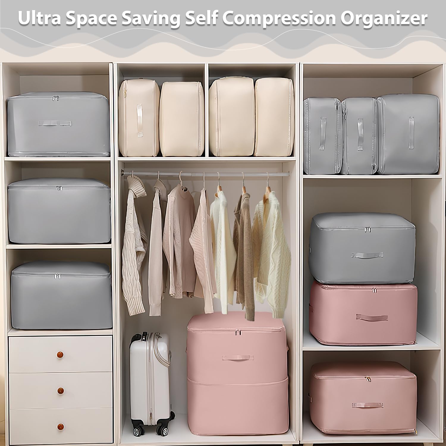 Ultra Space Saving Self Compression Storage Bags for Clothes, Blankets & Comforters - Large Grey Vacuum Seal Organizer | Perfect for Travel, Moving & Seasonal Clothes Storage