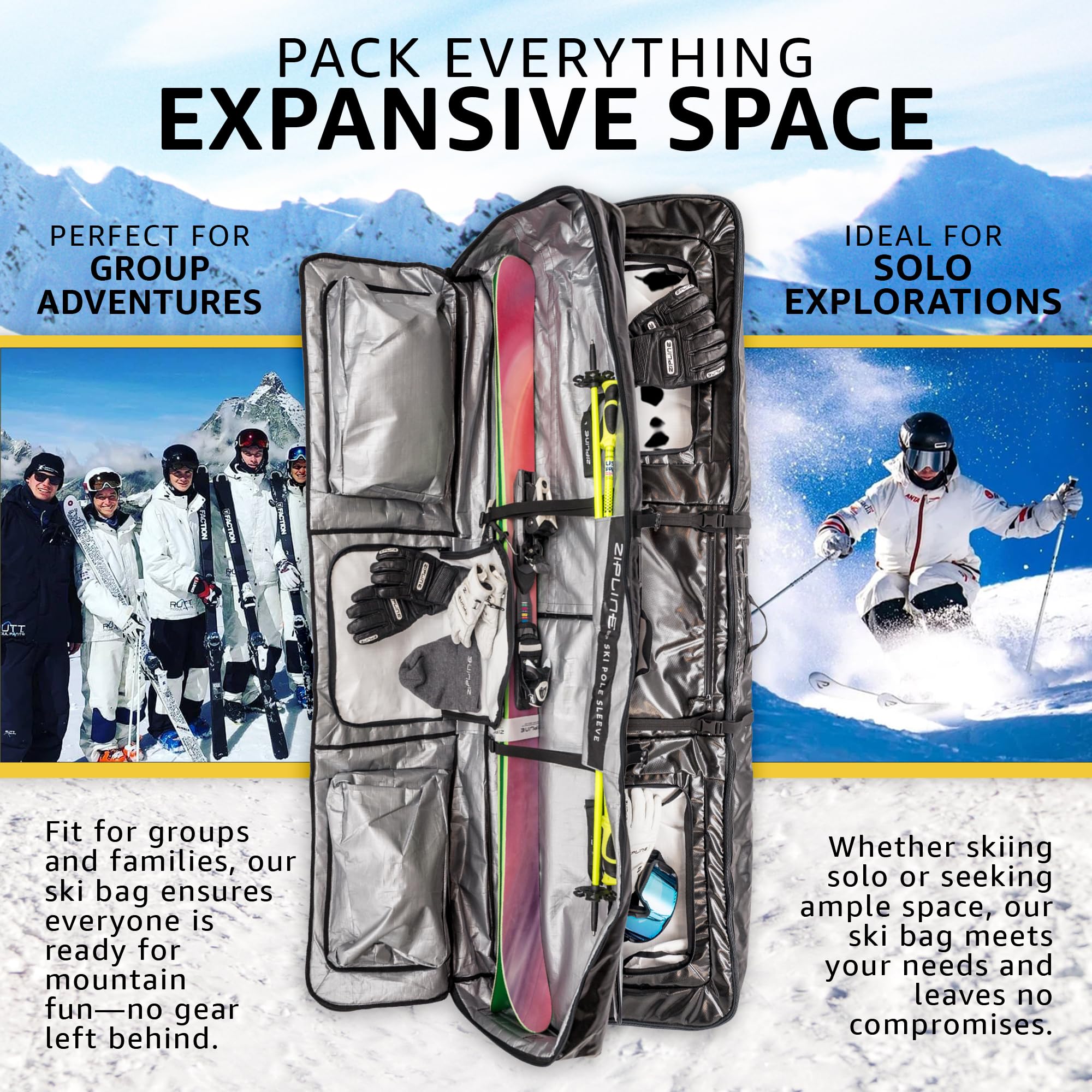 **Double Ski Bag with Wheels - 180/200cm Waterproof Ski & Snowboard Travel Bag for Gear Storage - Durable & Lightweight for Air Travel - Perfect for Ski Trips & Winter Vacations - 3-Year Warranty**