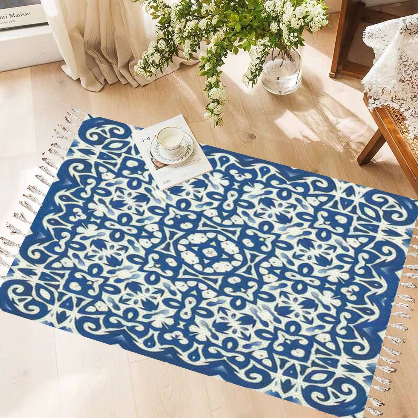 Vintage Cotton & Linen Tassel Rug - Portuguese Azulejo Ceramic Tile Design - Boho Minimalist Washable Area Rug - Non-Slip Woven Runner Mat for Kitchen, Bathroom, Outdoor & Living Room Decor