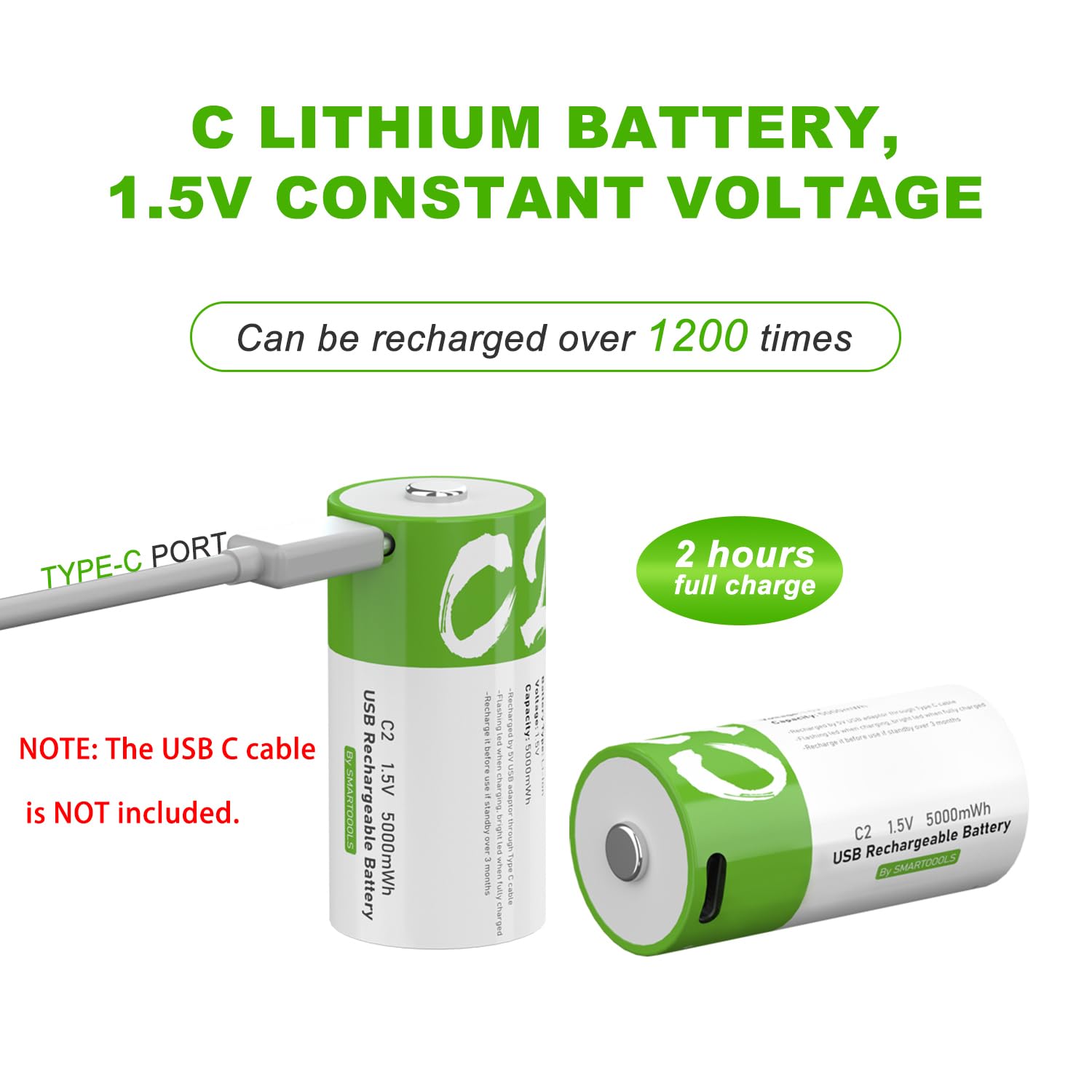 Rechargeable C Batteries 1.5V 5000mWh USB Type-C Lithium-ion C Cell Batteries (2-Pack) - Perfect for Flashlights, Toys, Radios & Emergency Power Backup