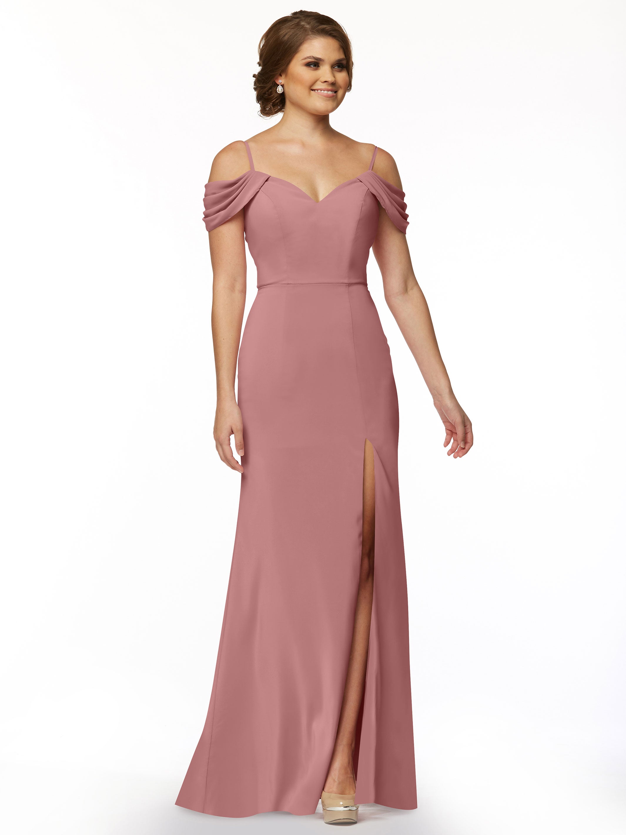 Elegant 83029 Stretch Chiffon Off-Shoulder Bridesmaid Dress with Thigh High Slit - Perfect for Weddings, Parties & Formal Events