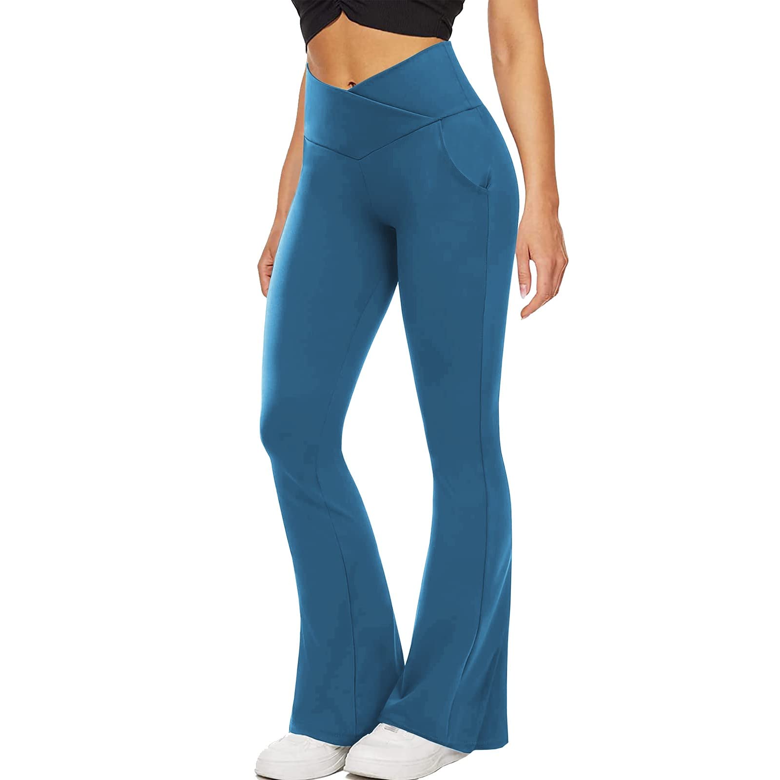 Women's High Waist Crossover Yoga Pants - Solid Color Workout Leggings with Pockets for Gym, Running & Everyday Wear