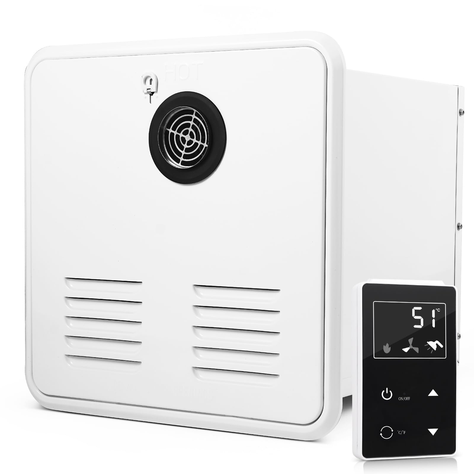 55,000 BTU RV Tankless Propane Water Heater - 2.9 GPM Instant Hot Water System with Remote Control & White Door (15