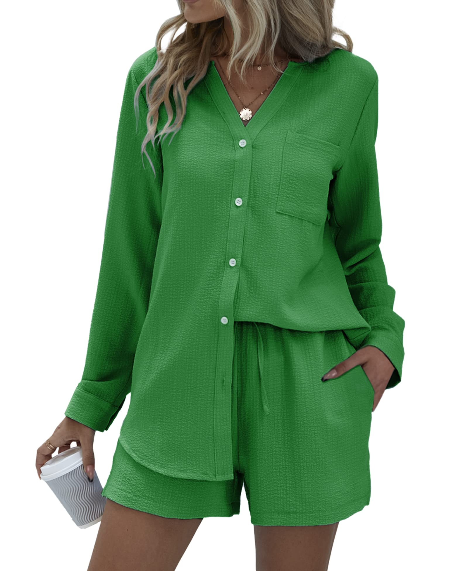 Ekouaer Women's Summer 2 Piece Lounge Set - V Neck Button Down Shirt & Shorts with Pockets | Comfortable Loungewear for Home, Travel & Casual Outings