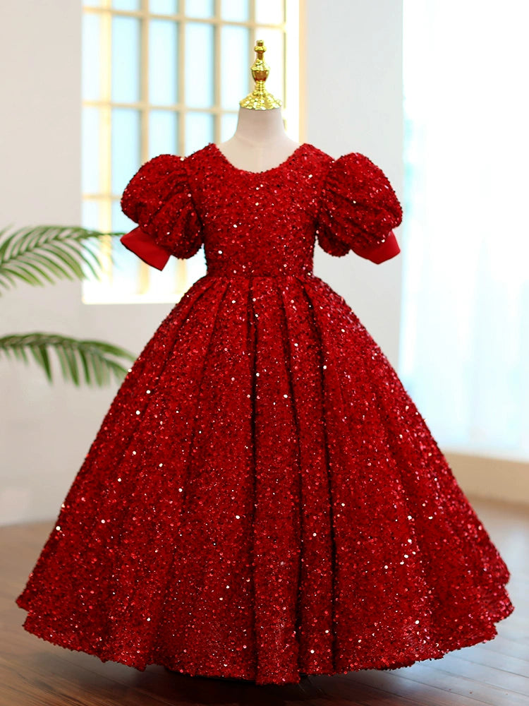 Burgundy Princess Round Floor Length Sequined Flower Girl Dress - Perfect for Weddings, Pageants & Special Occasions