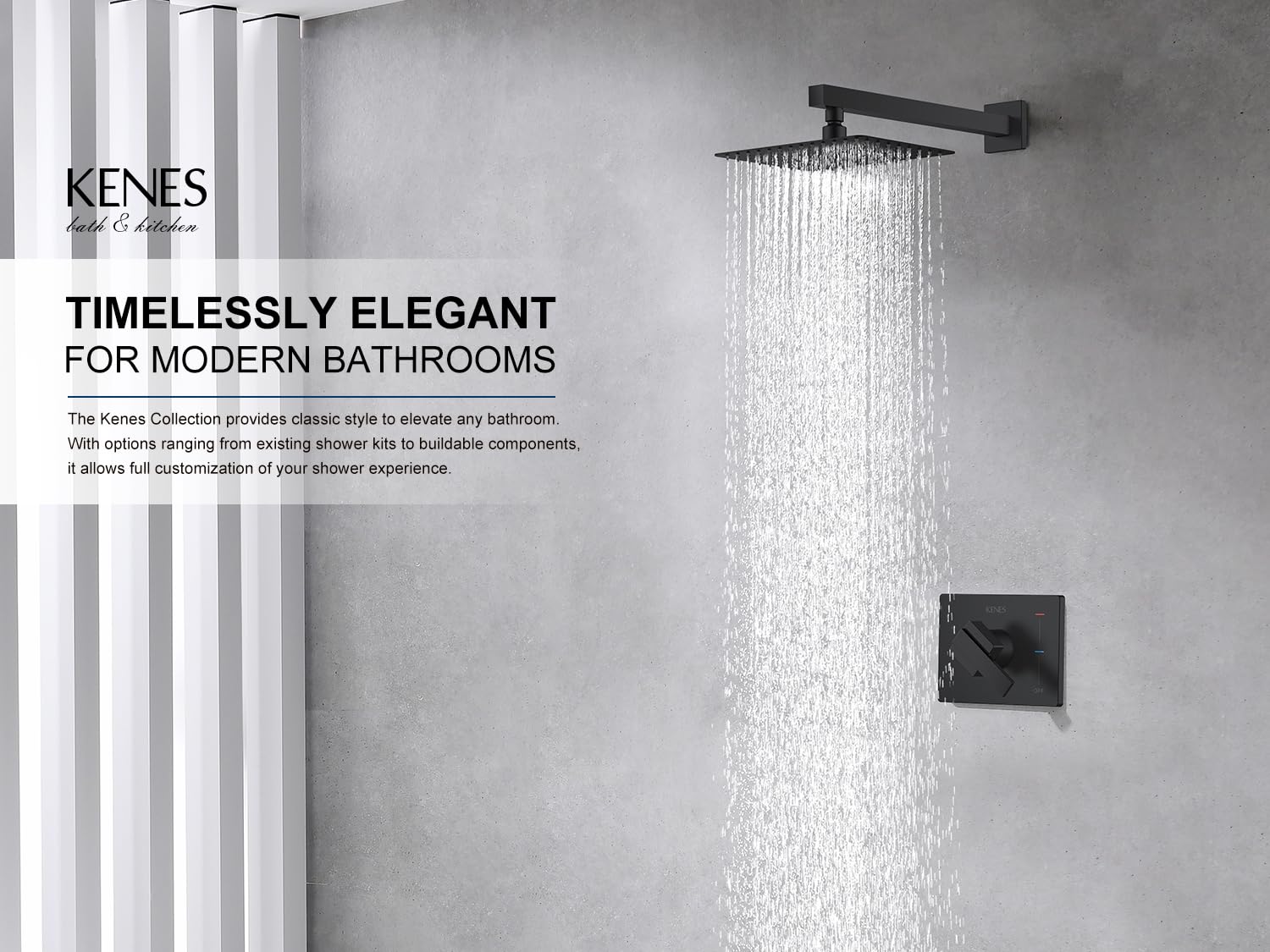 Kenes Matte Black Square Shower Faucet Set with Single-Spray Wall Mount Shower Head & Valve Included (Model KE-6024B-2) - Perfect for Modern Bathroom Renovations and Spa-Like Shower Experiences
