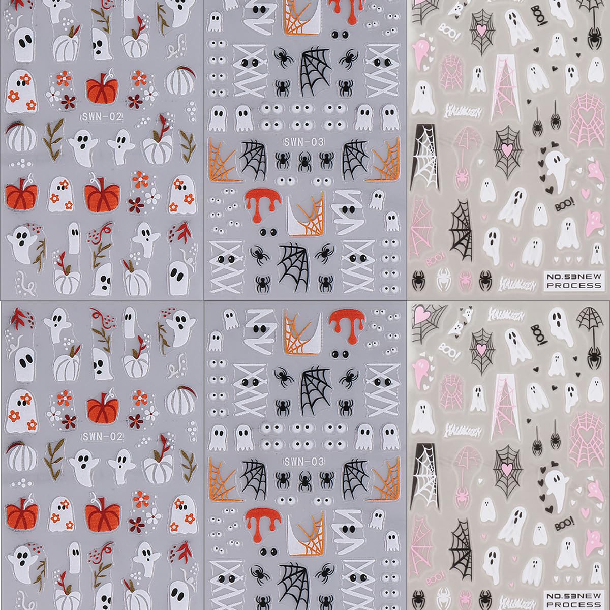 3D Halloween Nail Stickers for Women - Cute Ghost, Pumpkin & Spider Web Designs - Self-Adhesive Nail Art Decals for DIY Halloween Party Nails (6Pcs) - Perfect for Costume Parties, Trick-or-Treating & Spooky Nail Art