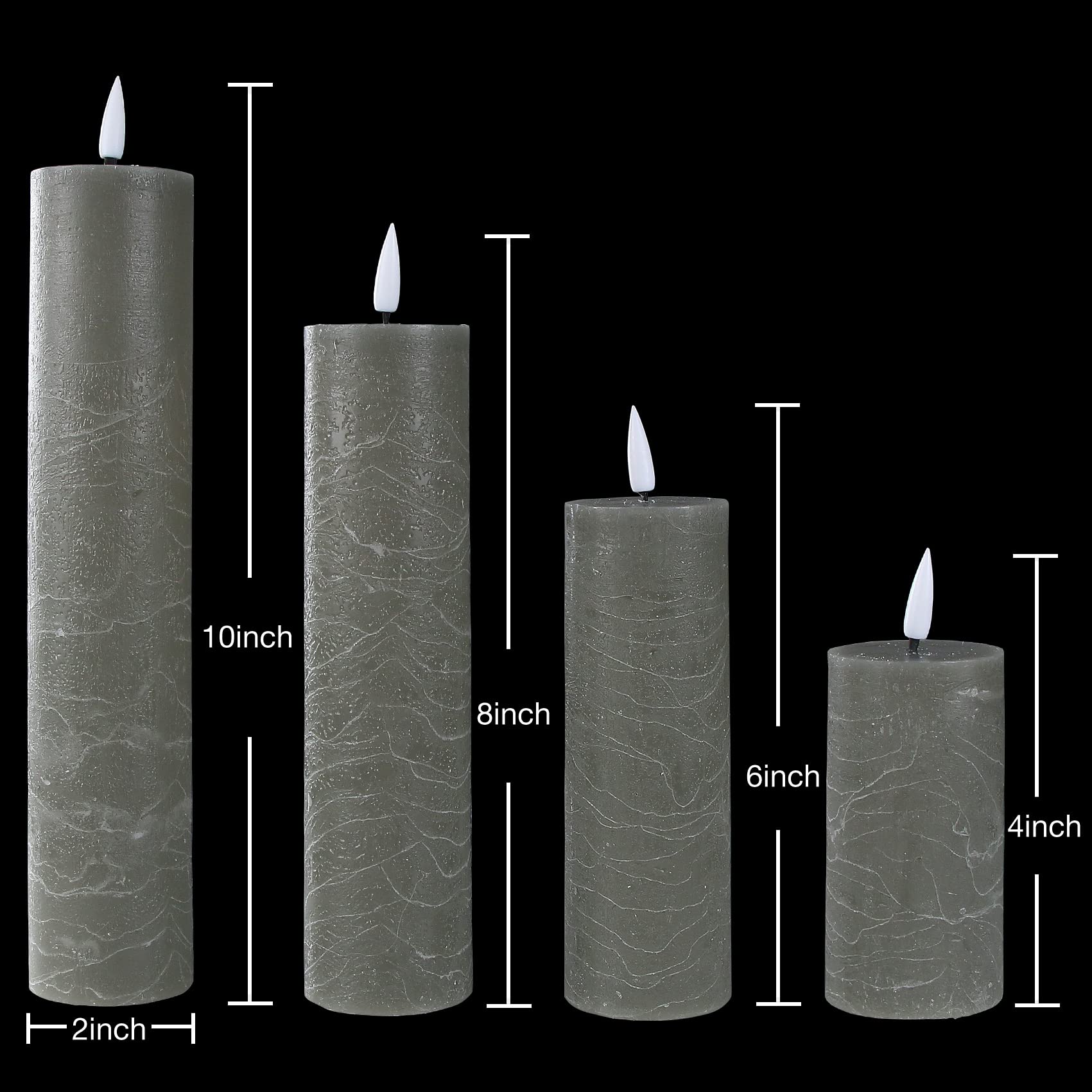 Realistic Grey Slim Flameless LED Pillar Candles with Remote - Battery Operated Flickering Wax Candles Set of 4 for Home Decor, Wedding Centerpieces & Romantic Dinner Ambiance