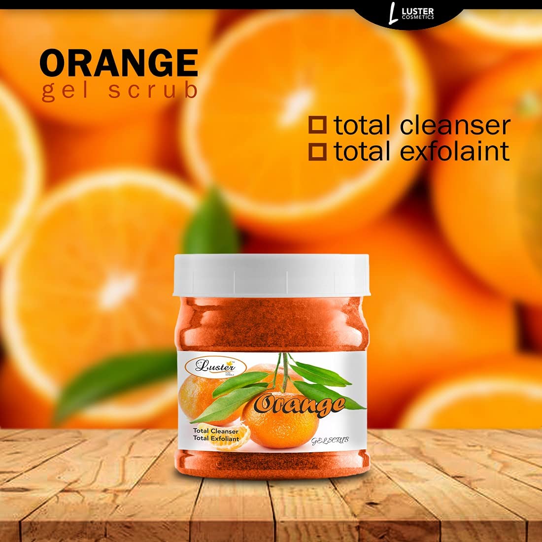 Luster Orange Face & Body Gel Scrub with Orange Extracts | Extra Cleansing Formula for Women & Men | Paraben & Sulfate Free Exfoliator (500ml) | Perfect for Daily Skincare Routine & Post-Workout Refreshment