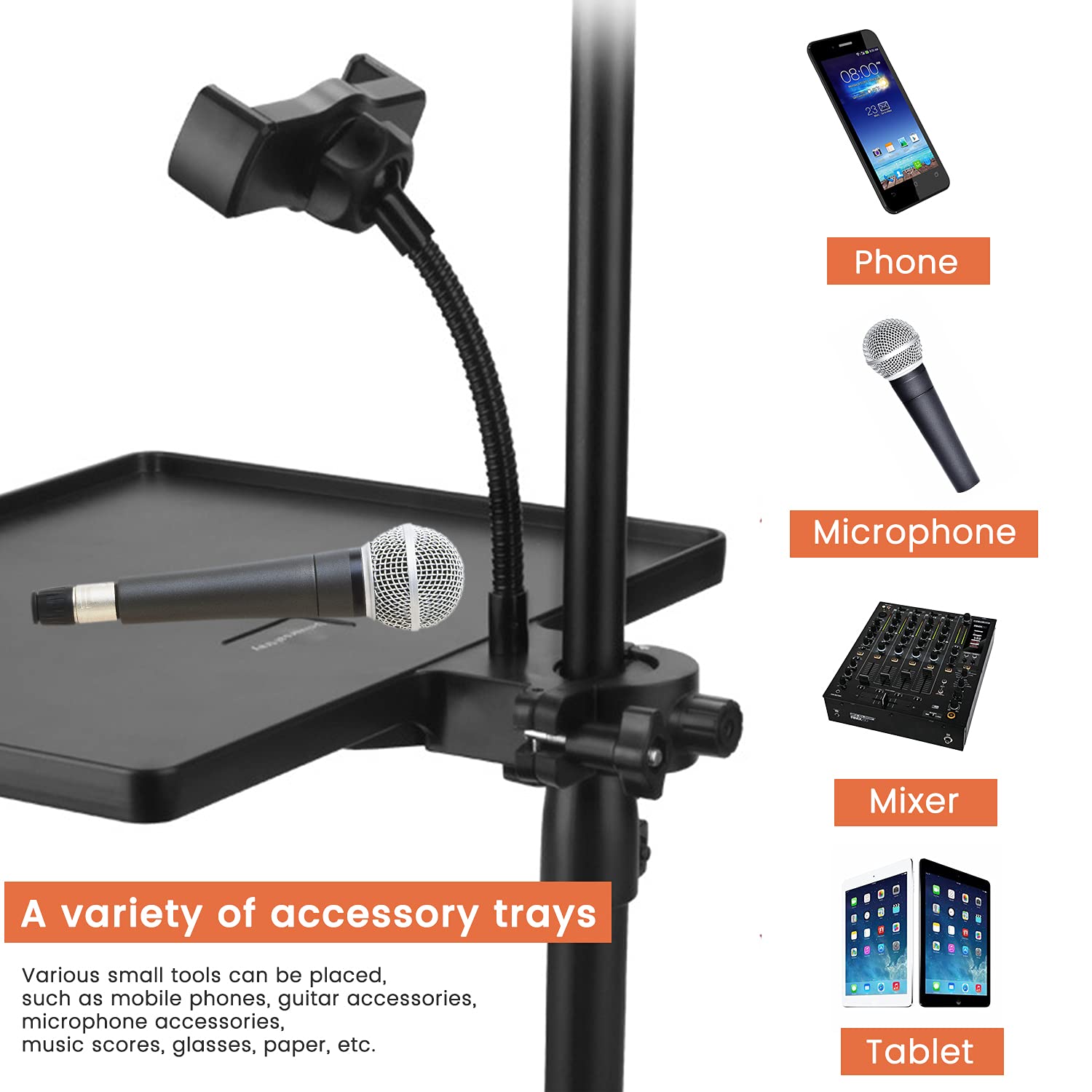 Universal Phone Holder & Microphone Stand Tray - Adjustable Clamp-On Rack for Cell Phones & Music Sheets | Compatible with Most Mic Stands | Perfect for Live Streaming, Karaoke, Recording, YouTube Videos & Podcasting