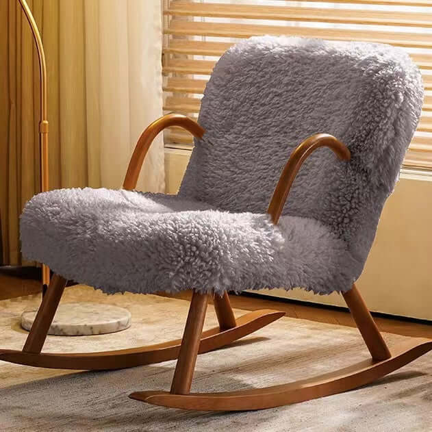 White/Khaki/Gray Boucle Sherpa Upholstered Rocking Chair - Solid Wood Accent Chair in Walnut Finish | Perfect for Living Room, Nursery & Cozy Reading Nook