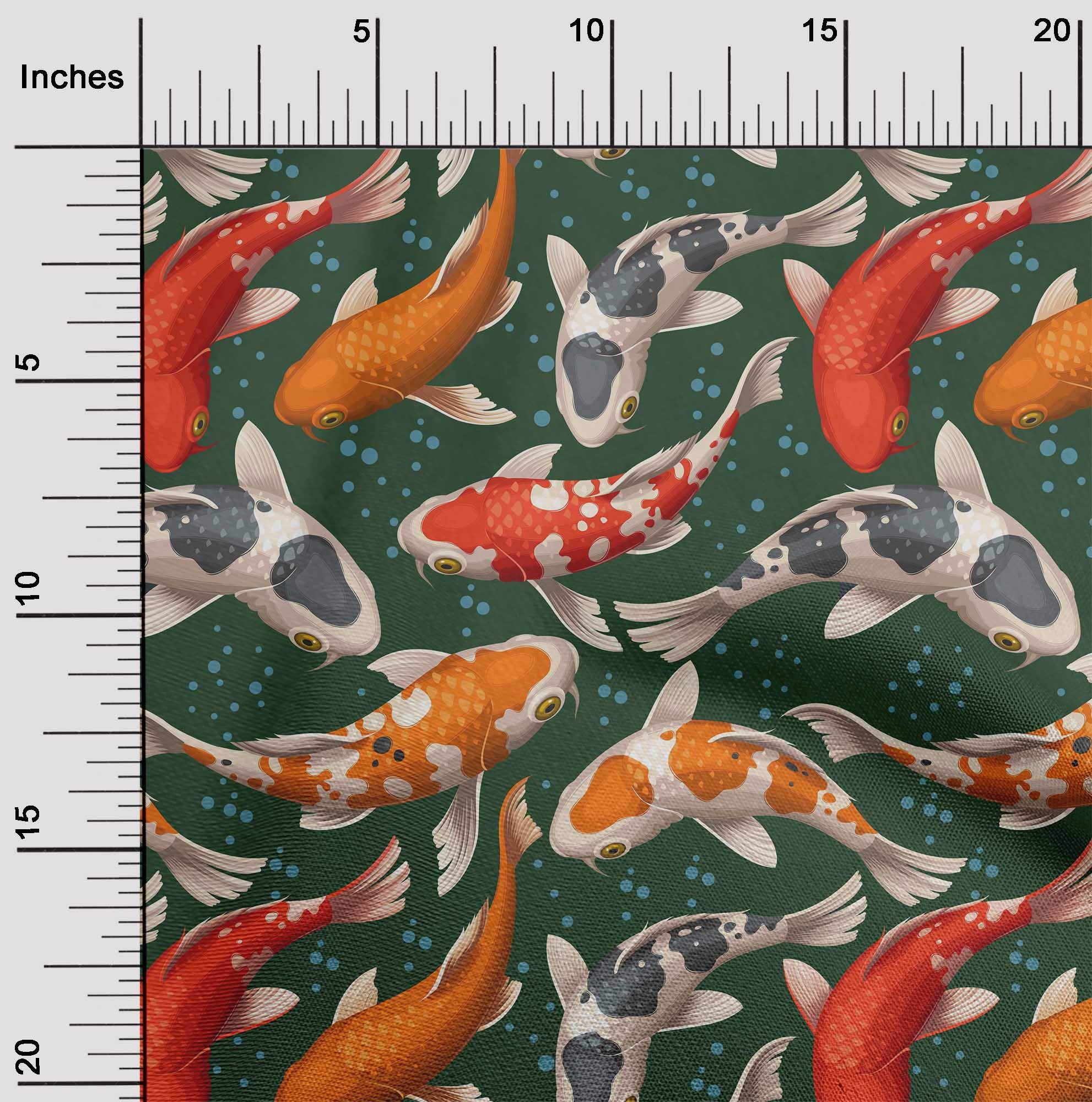 oneOone Cotton Poplin Dark Green Fabric - Bubbles & Koi Fish Ocean Print DIY Sewing Material (56