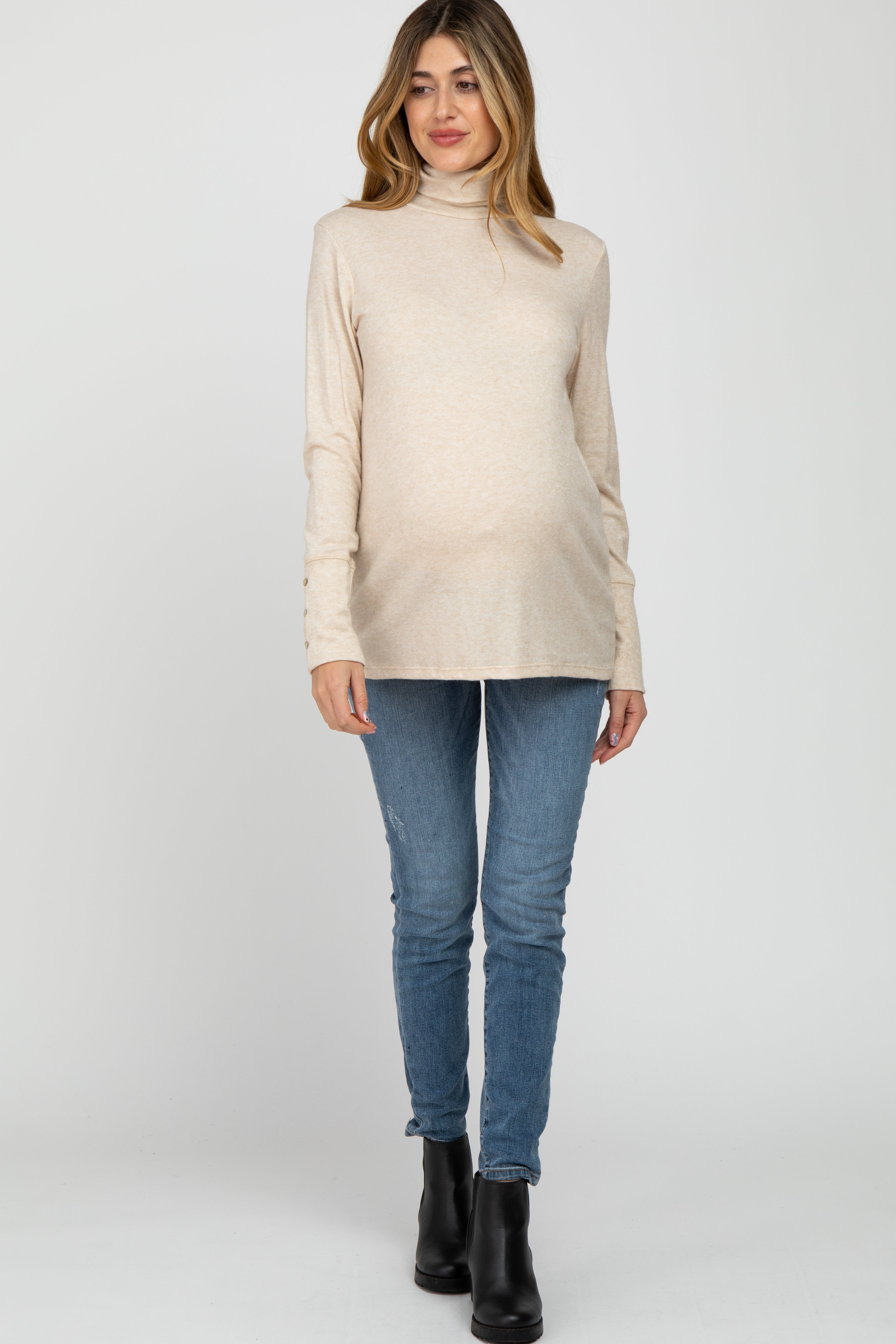 Beige Turtleneck Button Accent Maternity Top for Pregnancy - Comfortable Nursing Shirt for Expecting Mothers | Perfect for Work, Casual Wear & Maternity Photos