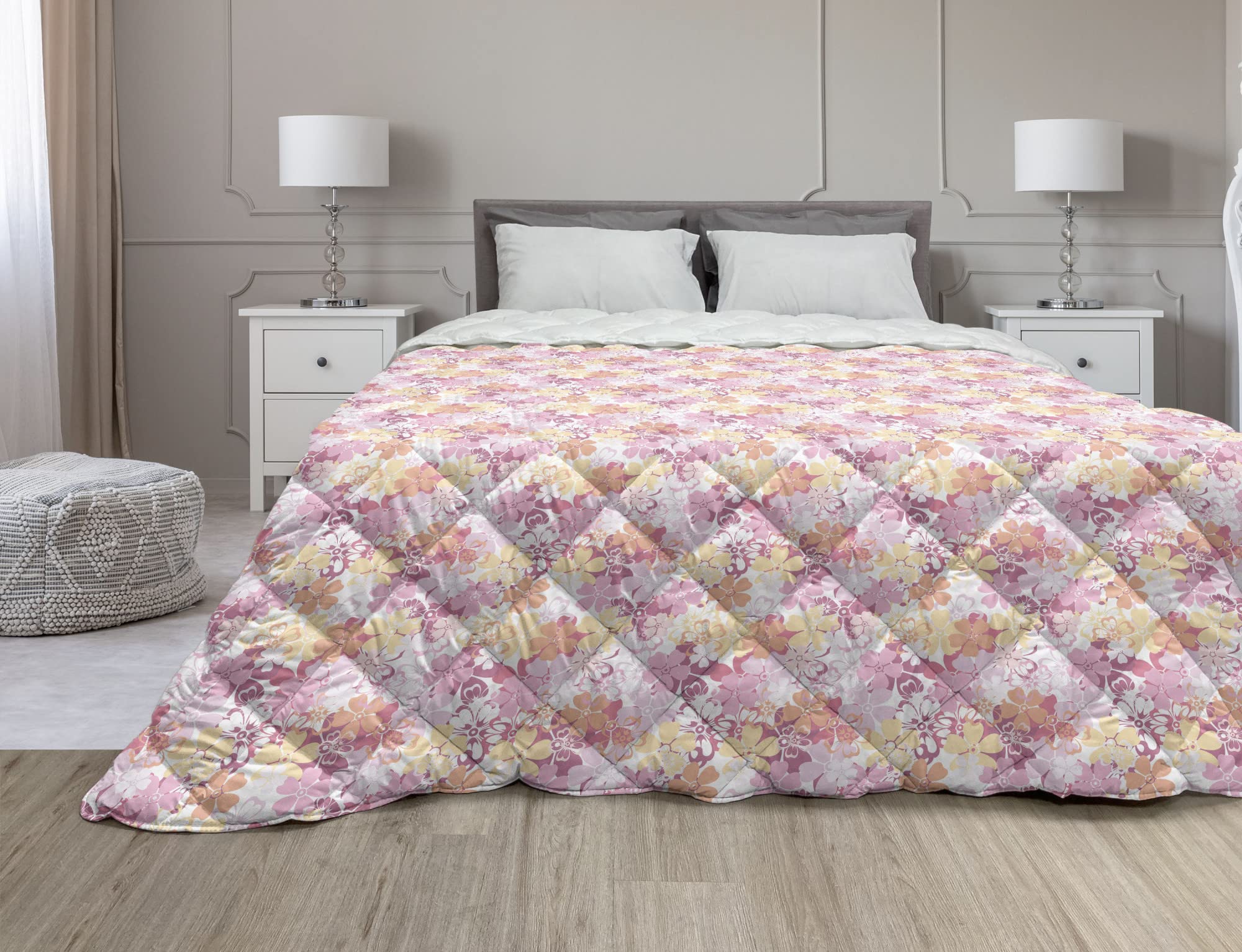 Ambesonne Spring Down Alternative Comforter - Full Size Floral Microfiber Quilt for All Seasons | Pink Peach & Purple Abstract Bohemian Design | Perfect for Bedroom Decor, Guest Room & Dorm Essentials