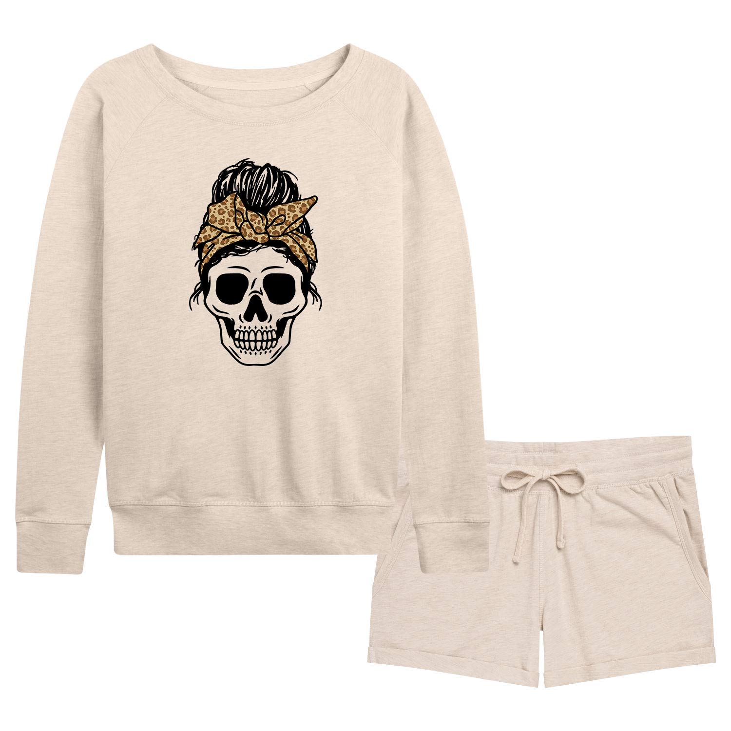 Leopard Print Bandana Skull Women's French Terry Shorts Set - Casual Lounge Wear for Women, Perfect for Home, Gym, and Street Style Outfits
