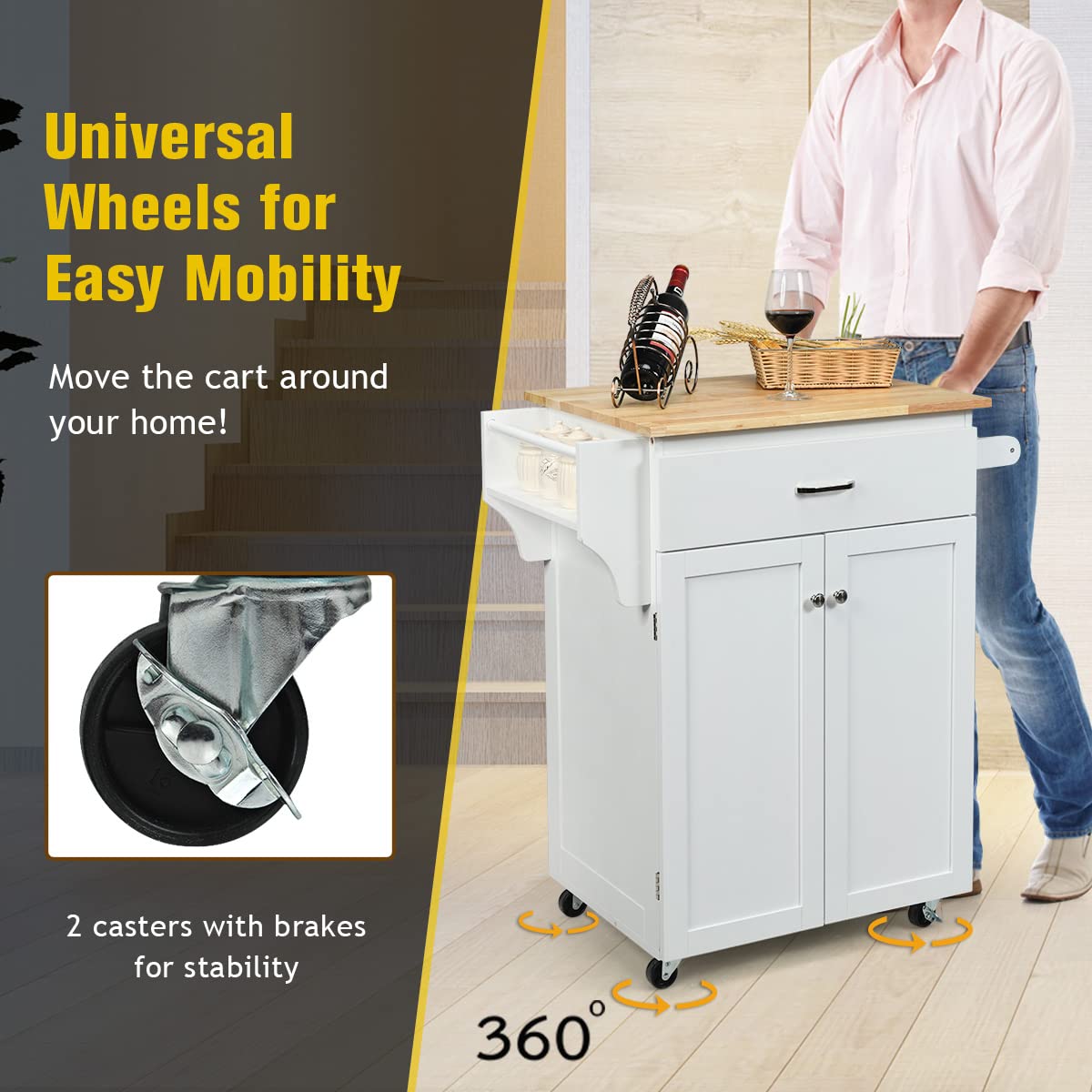 PETSITE Kitchen Island Cart with Wheels - Rolling Mobile Kitchen Storage Cabinet with Drawers, Spice Rack & Towel Rack - Perfect for Small Kitchens, Apartments & Food Prep Stations