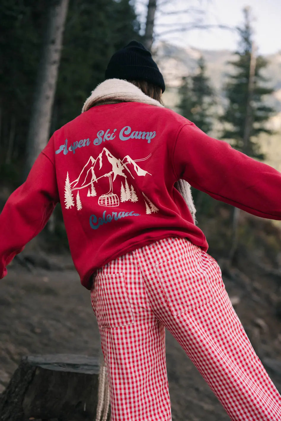 Aspen Ski Camp Crewneck Sweatshirt - Red Winter Pullover for Skiing, Snowboarding & Outdoor Adventures