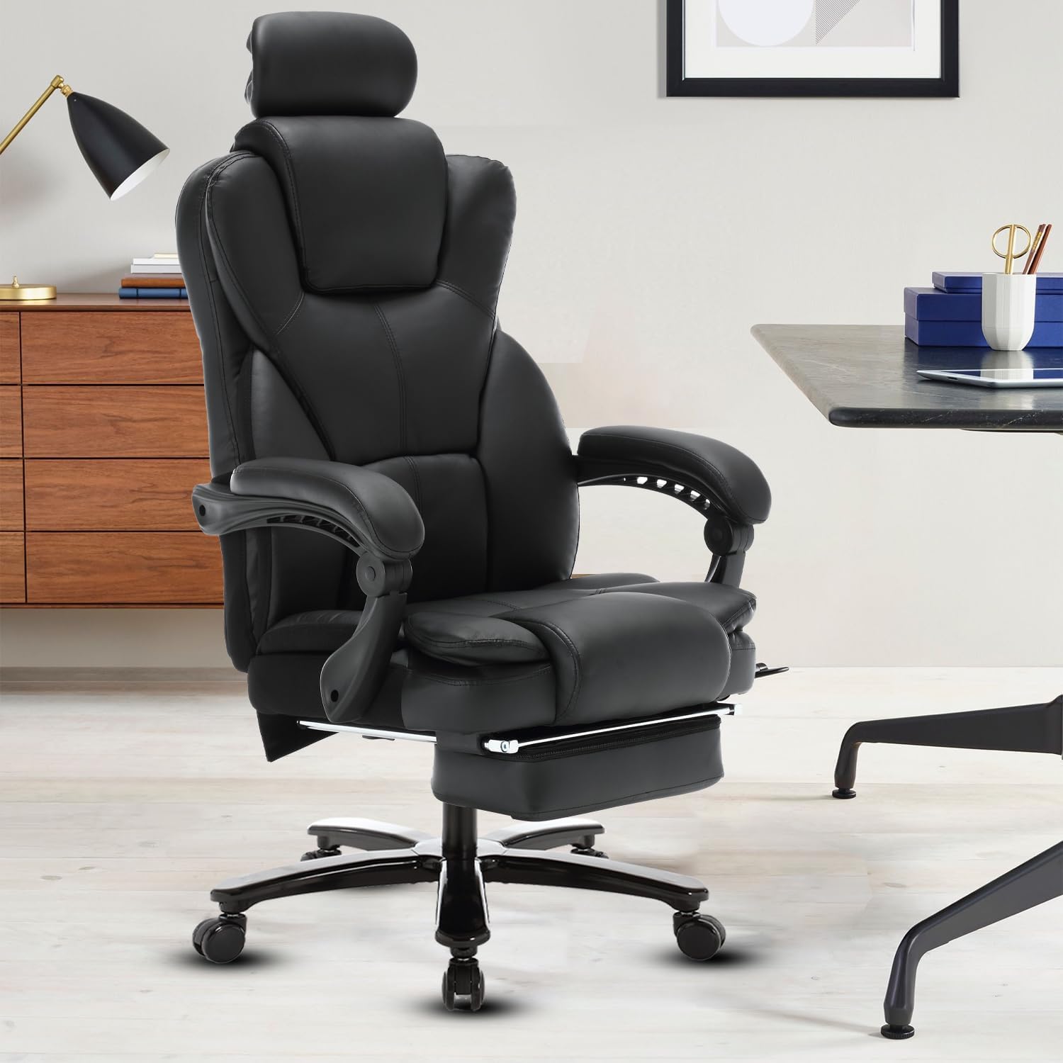 400lbs Heavy Duty Reclining Office Chair with Footrest - Ergonomic PU Leather Big & Tall Executive Desk Chair for Home & Office - High Back Managerial Chair with Wheels (Black) - Perfect for Long Work Hours & Relaxation